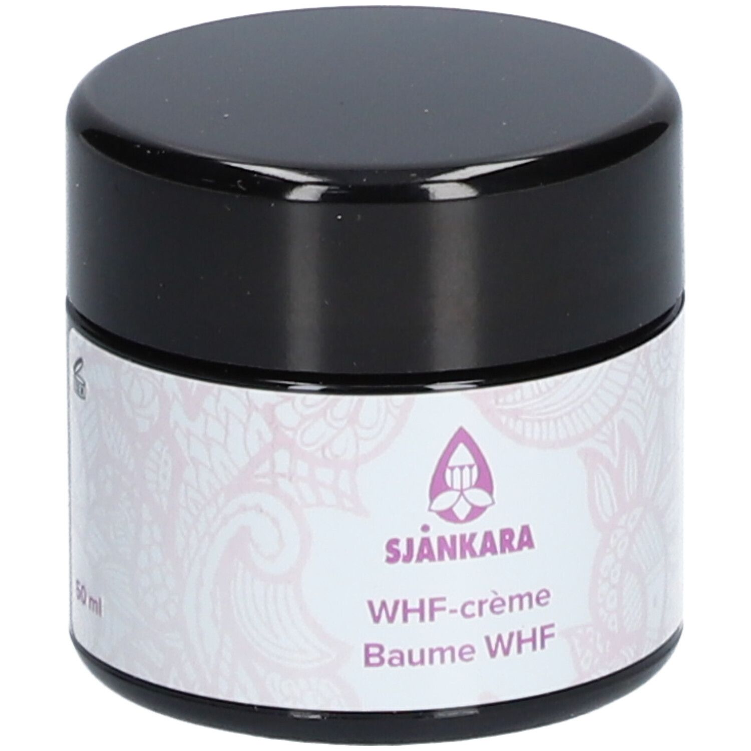 Creme-Tiegel mit schwarzem Deckel. Auf dem Etikett: 50 ml. Sjankara, WHF-crème, Baume WHF. Logo und florales Muster.