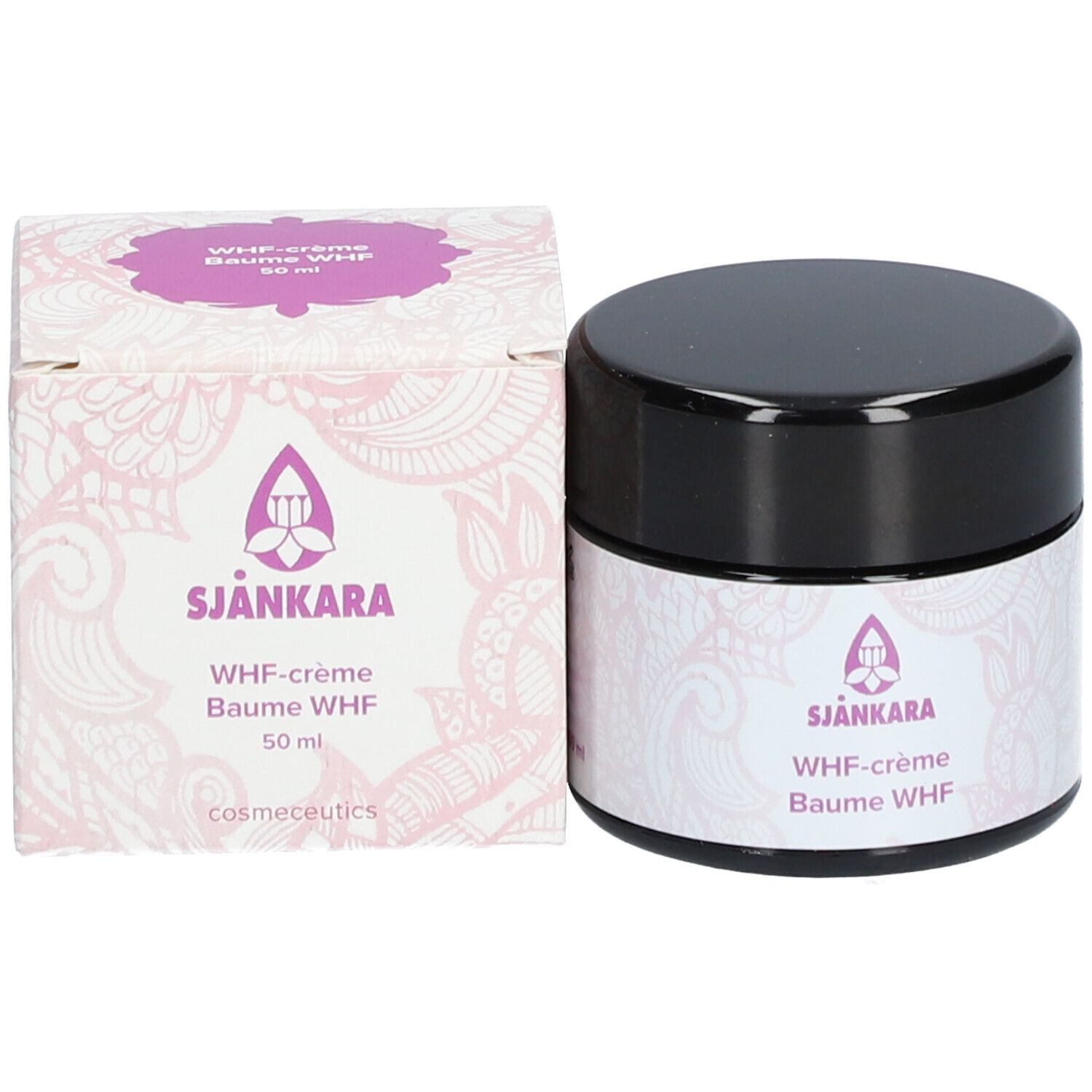 Creme-Tiegel und Schachtel. Auf der Schachtel: Sjankara, WHF-crème, Baume WHF, 50 ml. Lila Logo und Muster.