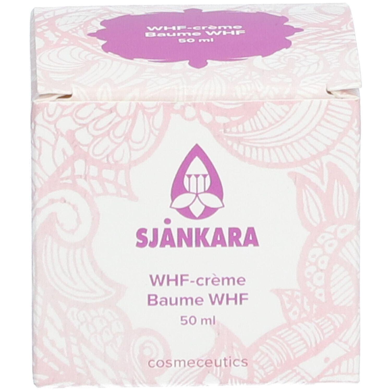 Weiße Schachtel mit lila Deckel. Auf der Schachtel: Sjankara, WHF-crème, Baume WHF, 50 ml. Lila Logo und Muster.