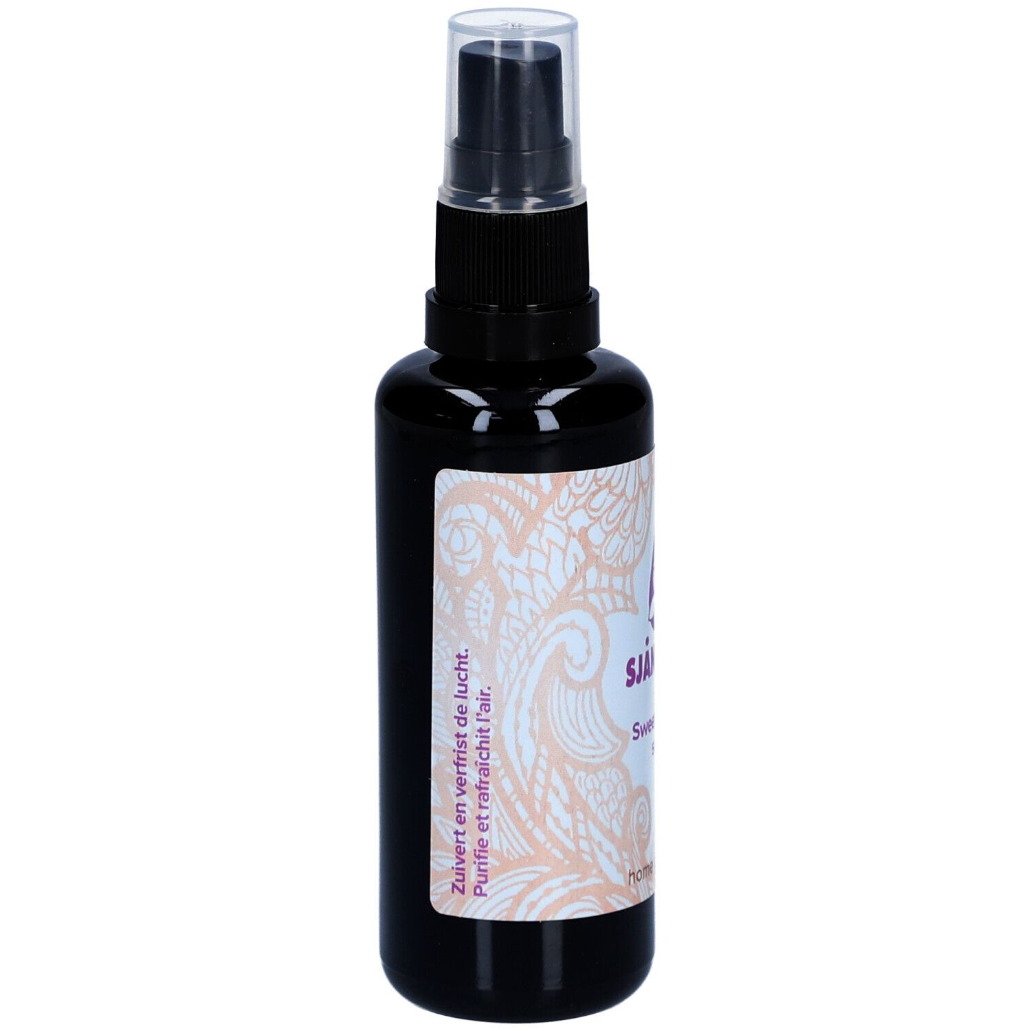 Schwarze Sprühflasche mit weißem Etikett. Text: Sjankara, Sweet Roses, 50 ml, Home Perfume. Reinigt und erfrischt die Luft.
