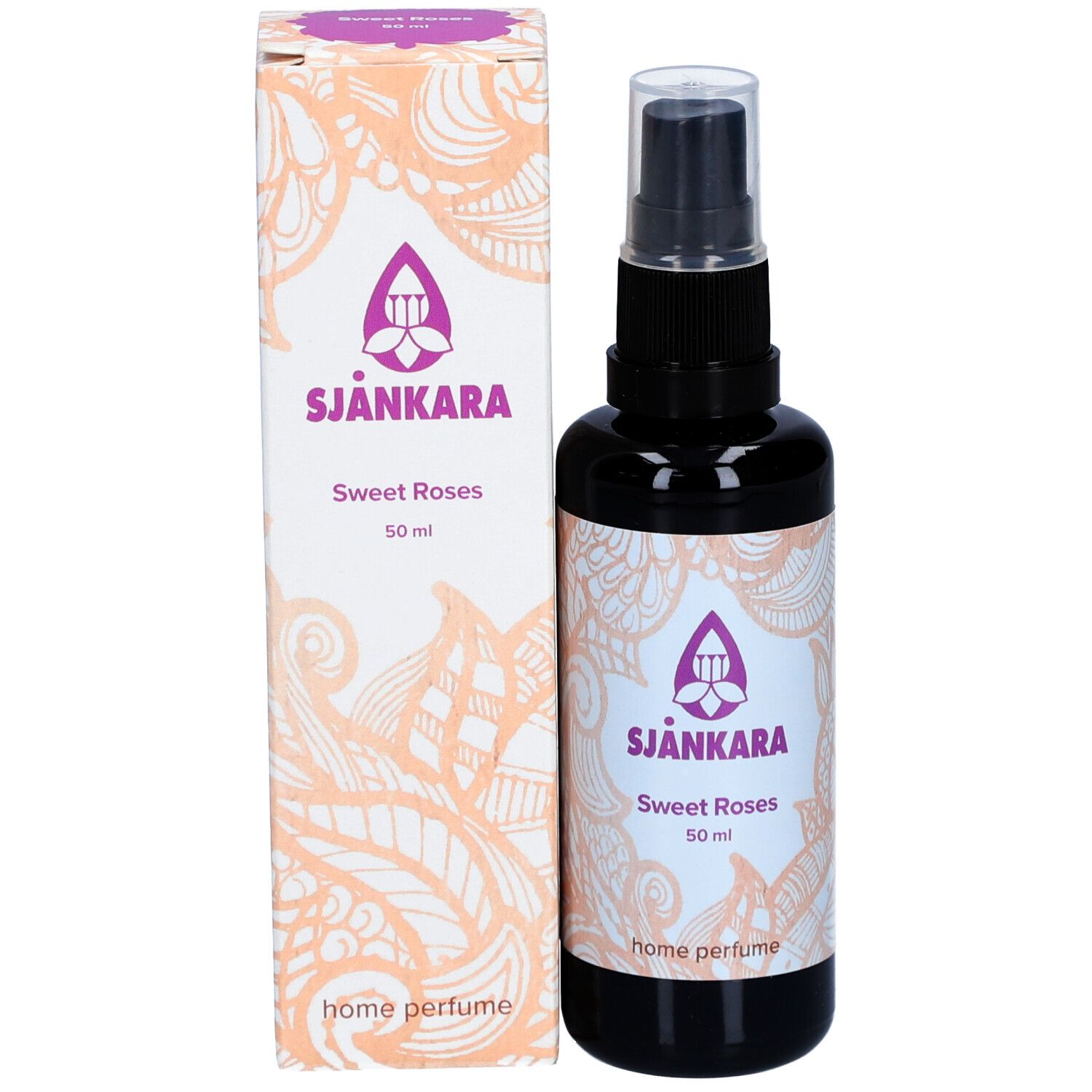 Schwarze Sprühflasche und Verpackung. Aufschrift: Sjankara Sweet Roses, 50 ml, Home Perfume.