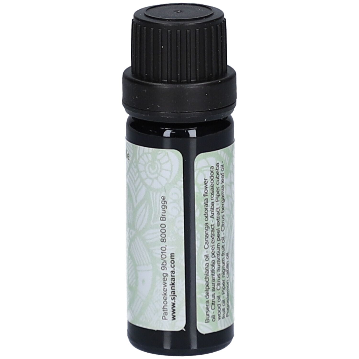 Dunkle Glasflasche mit schwarzem Deckel. Etikett mit floralem Muster und Text. Produktname nicht sichtbar.