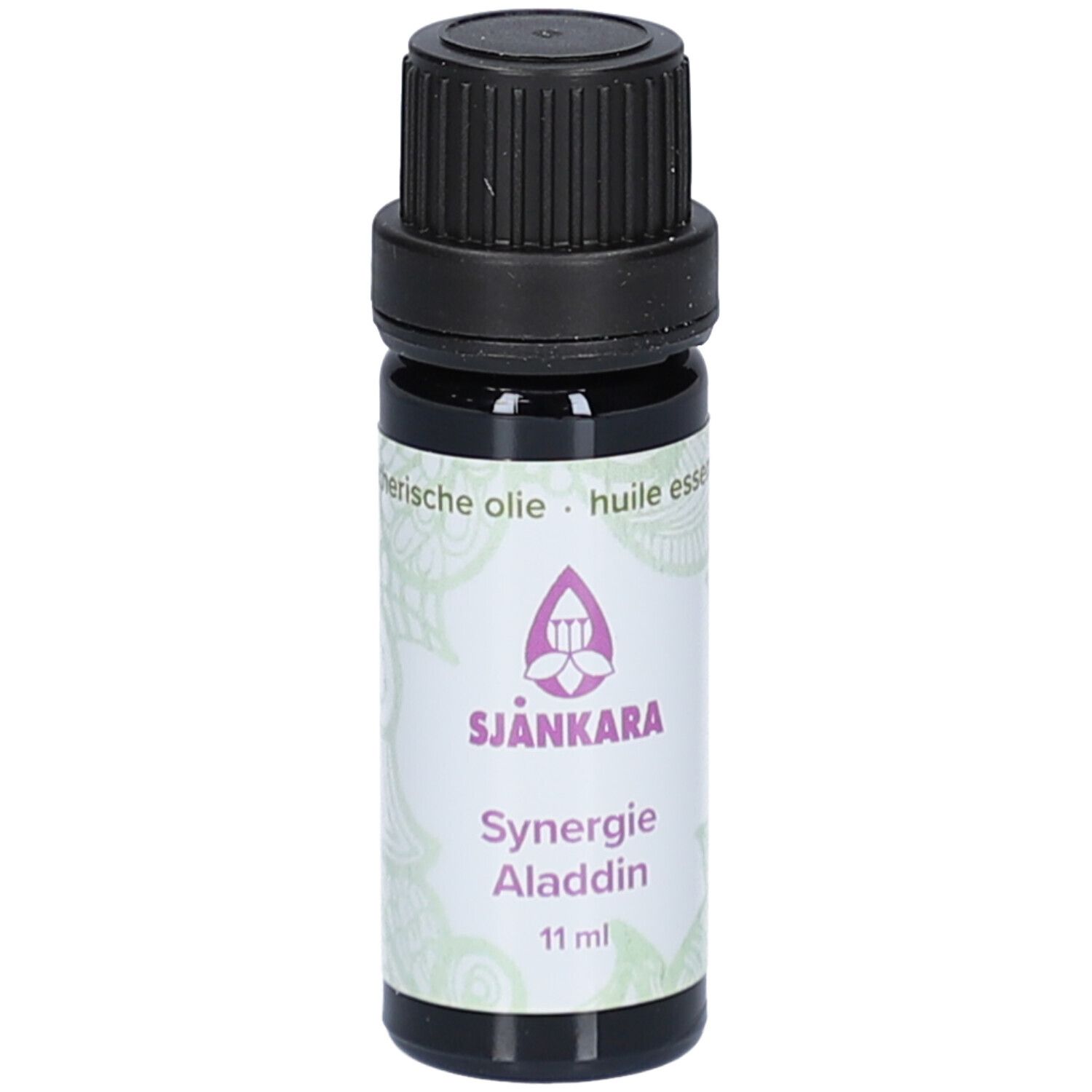 Dunkle Glasflasche mit schwarzem Deckel. Etikett mit Produktname: Synergie Aladdin, 11 ml.