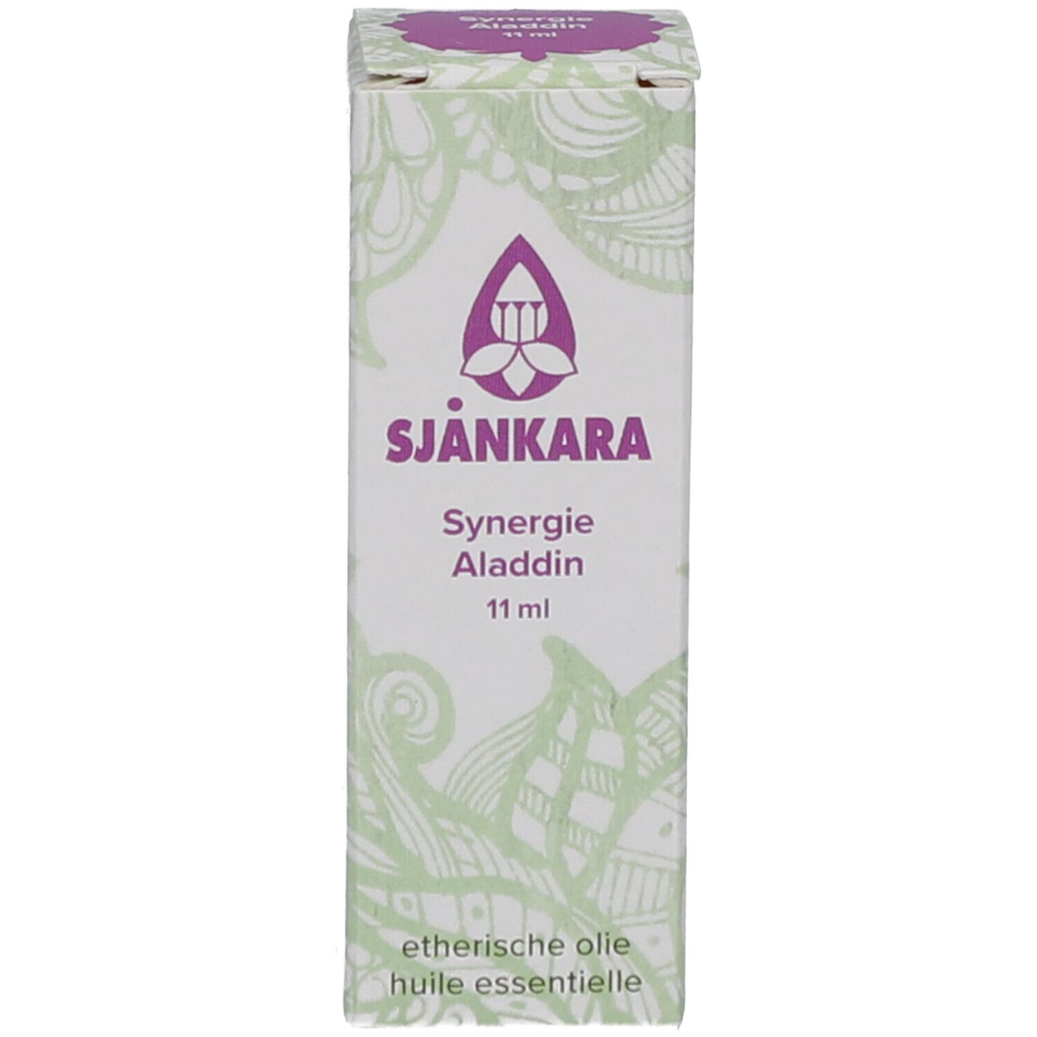 Produktverpackung. Floral, Produktname: Synergie Aladdin, 11 ml. Text: ätherische Öle.