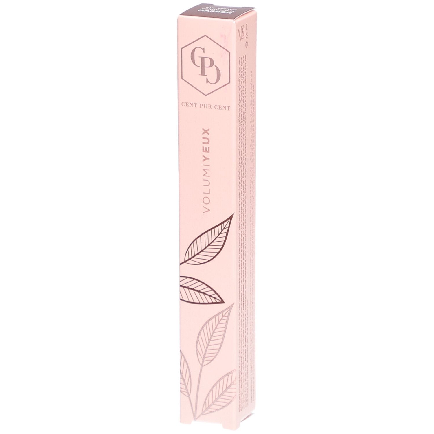 Rosa Verpackung mit Produktnamen und Logo. Aufschrift: Cent Pur Cent, Volumieux. Blätter-Dekor.