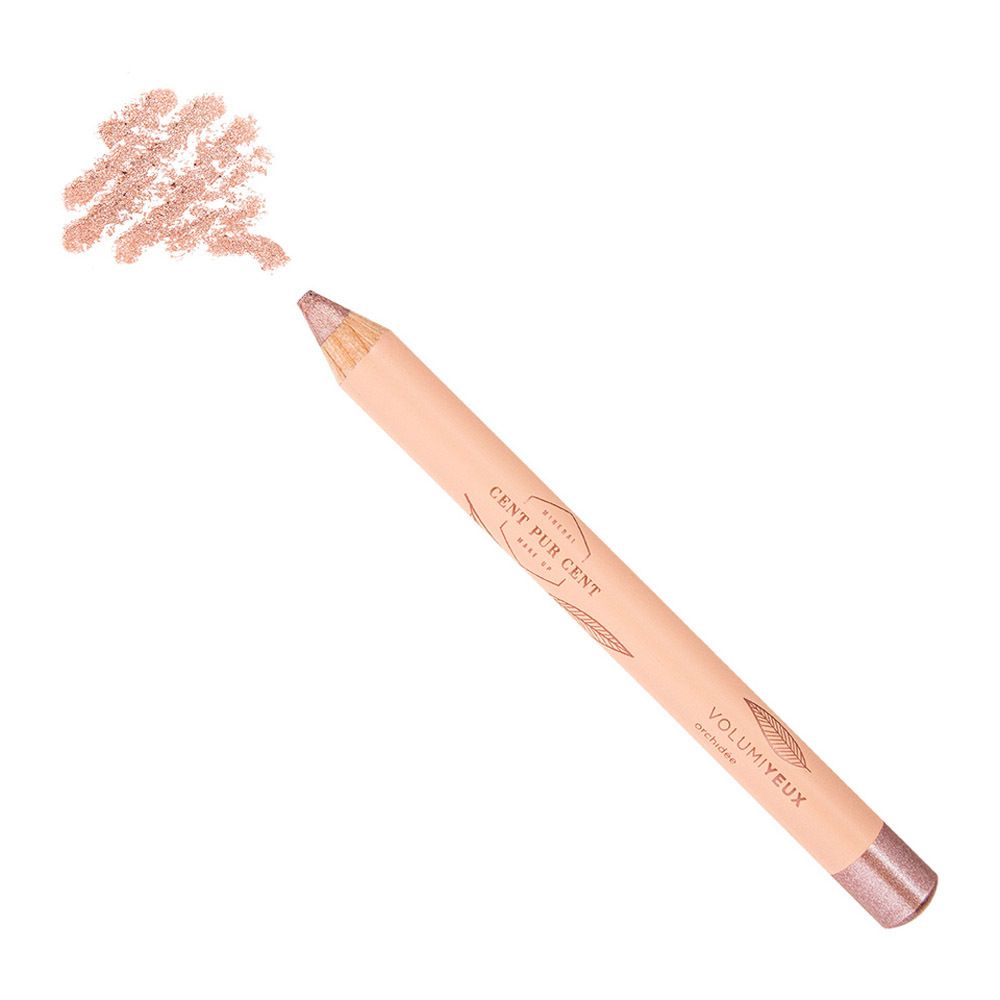 Crayon pour les yeux rose avec pointe or rose. Crayon avec inscription: Cent Pur Cent, VOLUMIEYX. Trait de couleur.