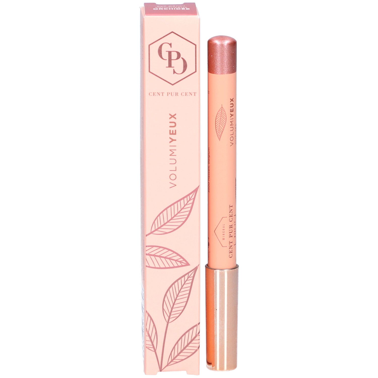 Augenstift und Verpackung. Rosa Stift mit roségoldener Spitze. Verpackung mit Blättern und Logo. Schriftzug: VOLUMIEYX.