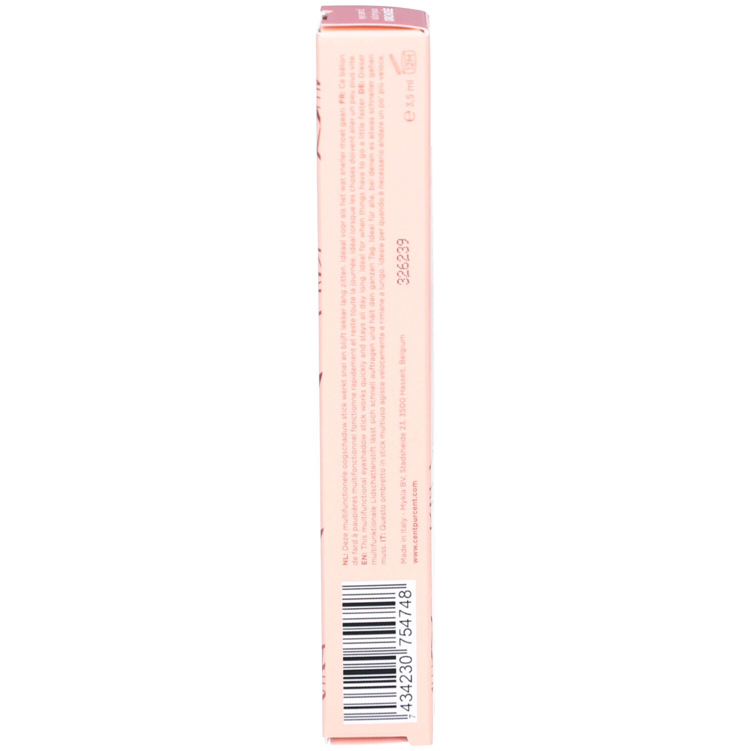 Schmale Verpackung. Rosa mit Text und Barcode. Text: Cent Pur Cent, VOLUMIEYX. Barcode unten. Rückseite mit Text.