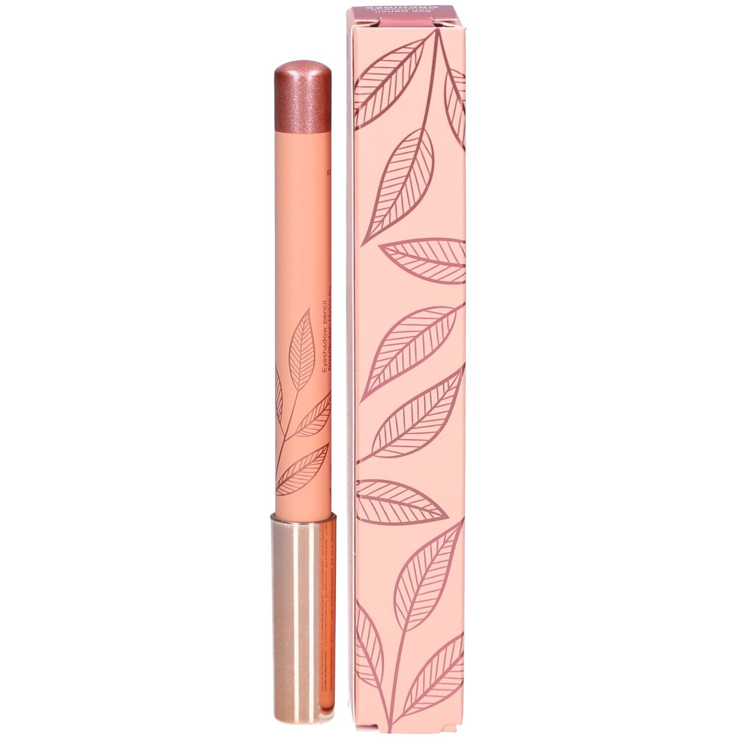 Augenstift und Verpackung. Rosa Stift mit roségoldener Spitze. Verpackung mit Blättern und Logo. Schriftzug: VOLUMIEYX.