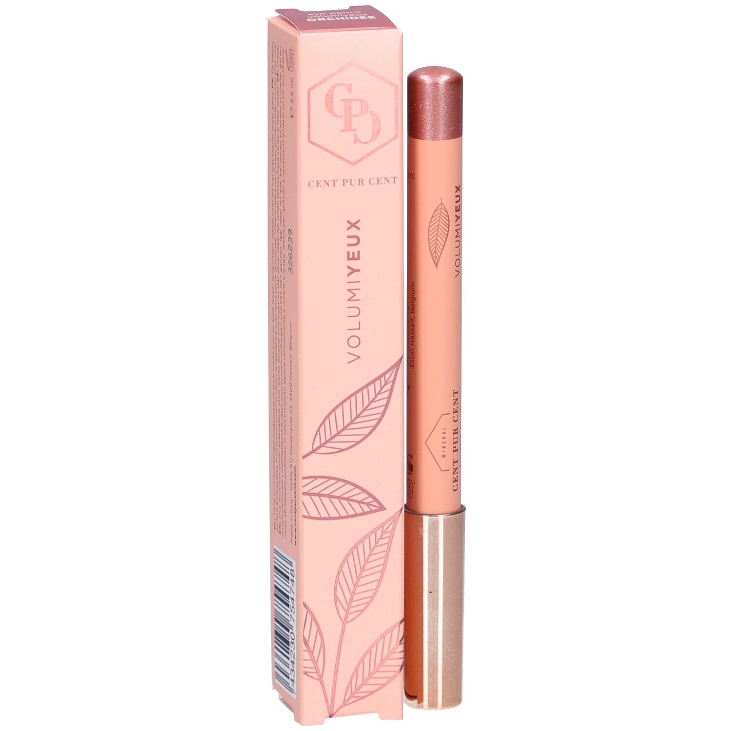 Augenstift und Verpackung. Rosa Stift mit roségoldener Spitze. Verpackung mit Blättern und Logo. Schriftzug: VOLUMIEYX.