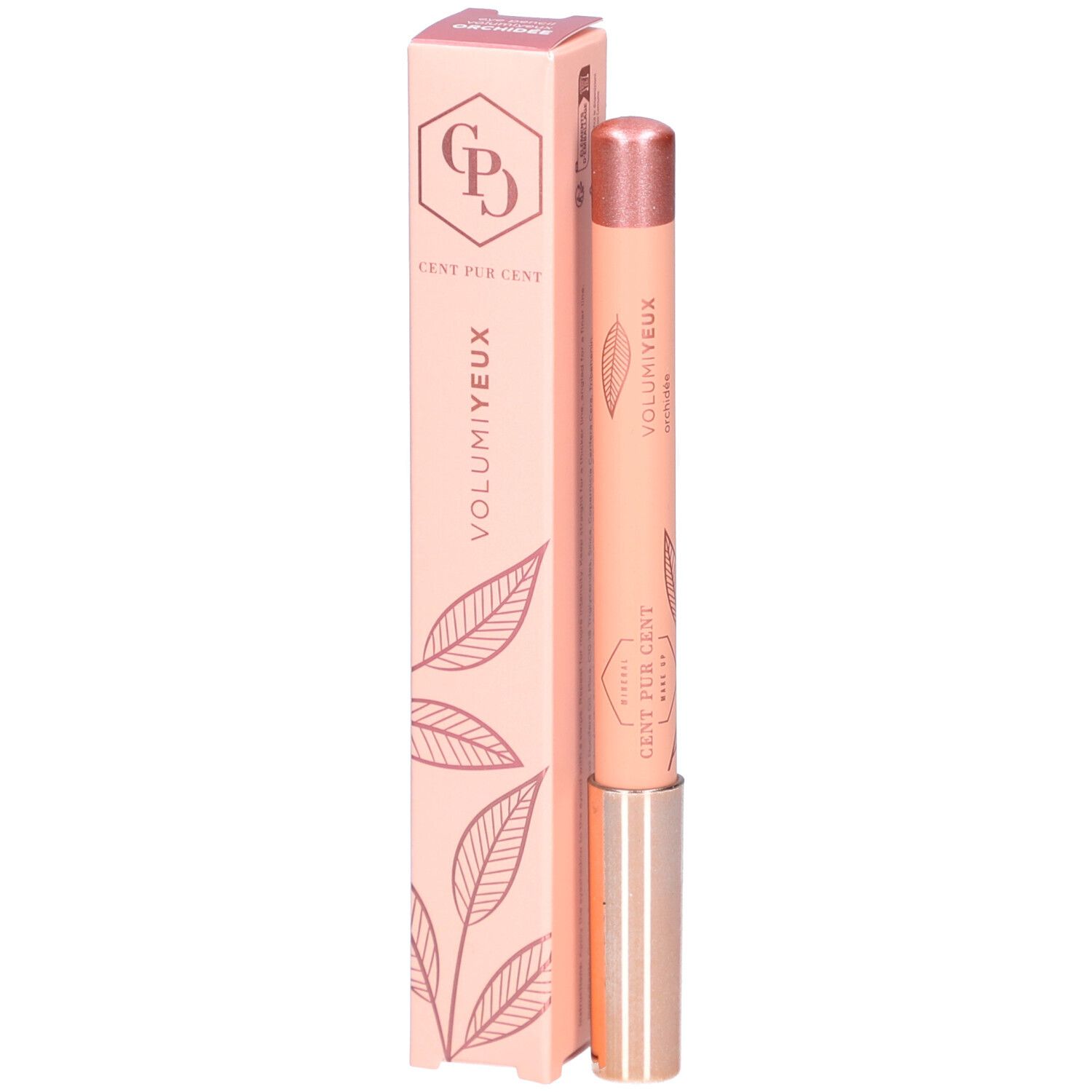 Augenstift und Verpackung. Rosa Stift mit roségoldener Spitze. Verpackung mit Blättern und Logo. Schriftzug: VOLUMIEYX.