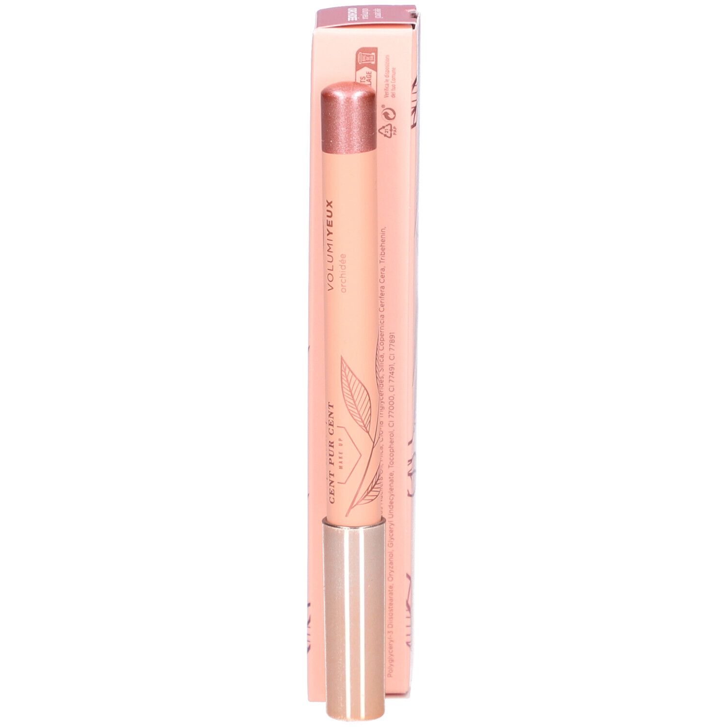 Augenstift und Verpackung. Rosa Stift mit roségoldener Spitze. Verpackung mit Blättern und Logo. Schriftzug: VOLUMIEYX.