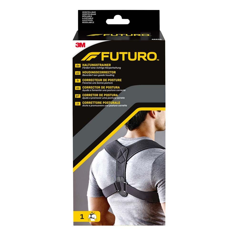 3M Futuro Haltungskorrektur. Schwarze, verstellbare Rückenstütze. Verpackung mit Produktabbildung und Markenlogo.