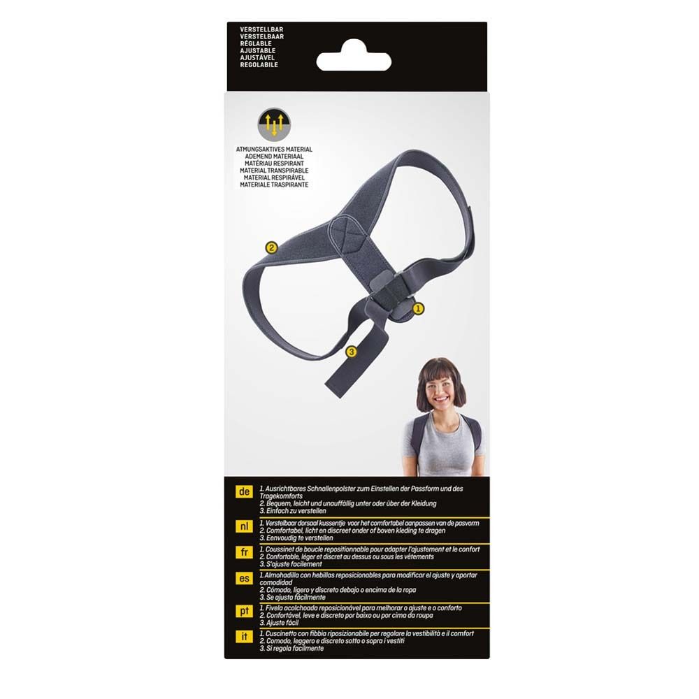 3M Futuro Haltungskorrektur. Rückseite der Verpackung mit Produktabbildung und Anwendungshinweisen.