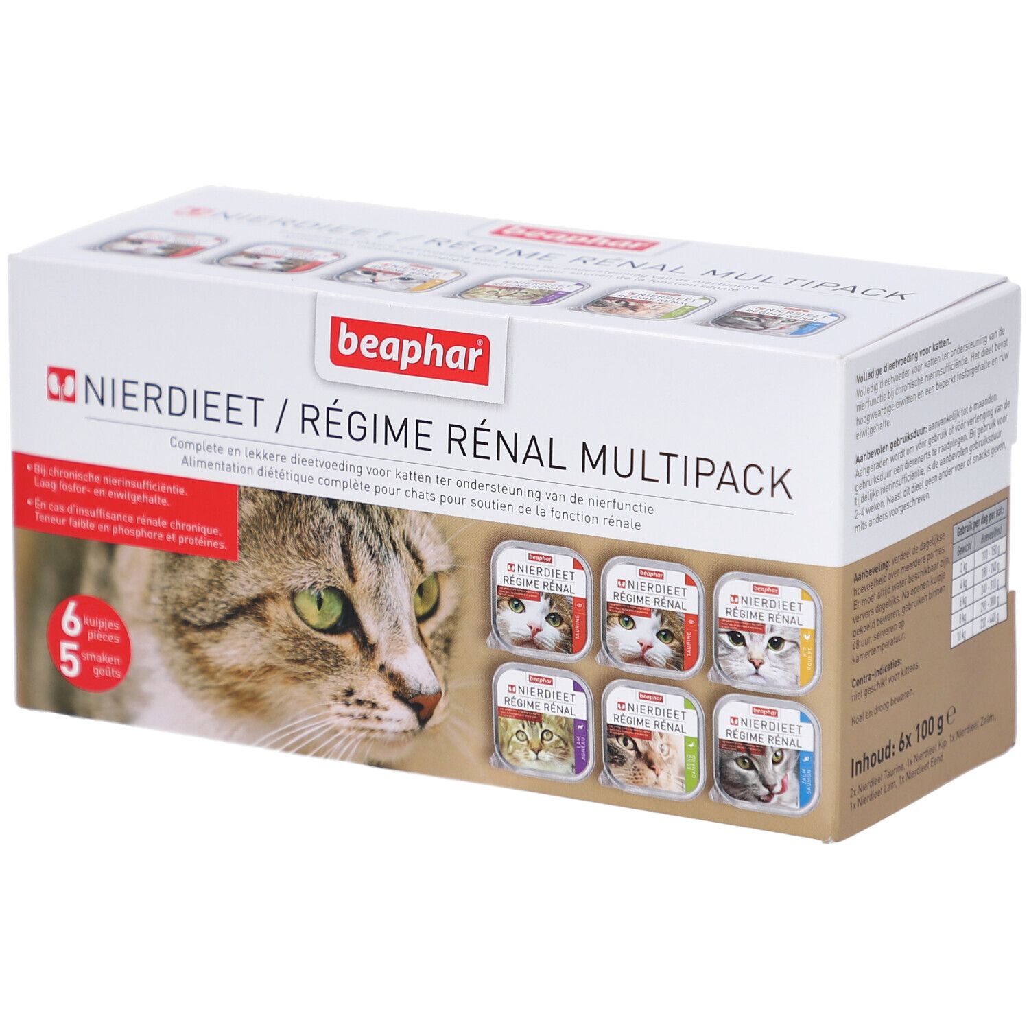 Beaphar Régime Rénal Multipack für Katzen. Karton mit 6 Dosen. Aufdruck: Katze, Produktname, 5 Geschmacksrichtungen.