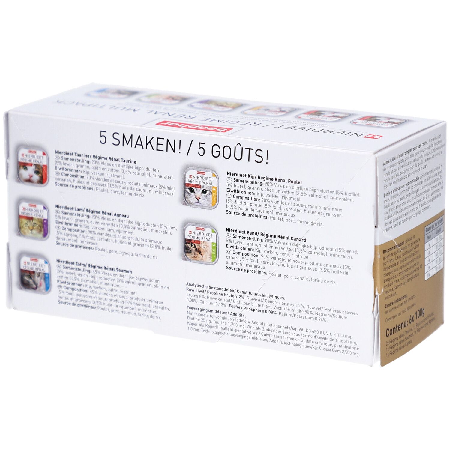 Rückseite der Beaphar Régime Rénal Multipack-Verpackung. Textinformationen, 5 Geschmacksrichtungen, Inhaltsstoffe, Dosierungstabelle.