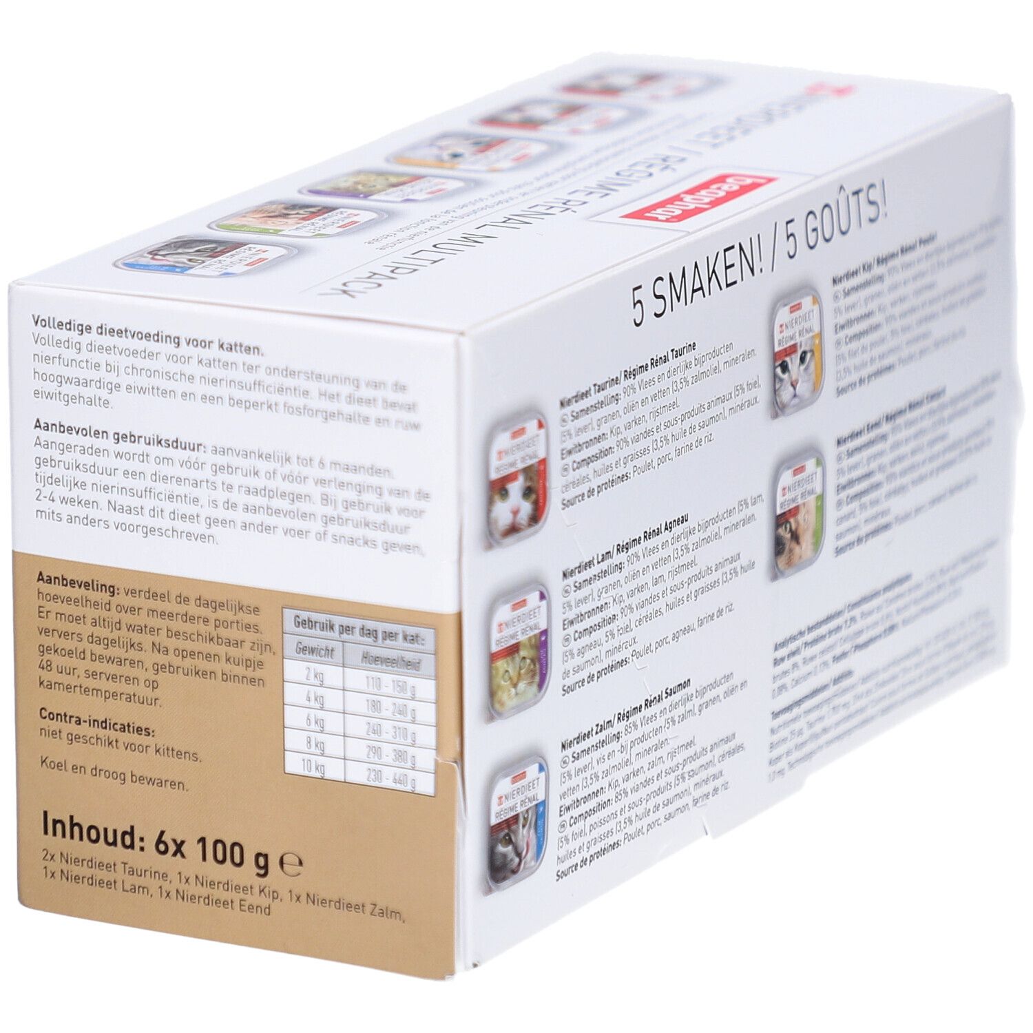 Rückseite der Beaphar Régime Rénal Multipack-Verpackung. Textinformationen, 5 Geschmacksrichtungen, Dosierungstabelle.