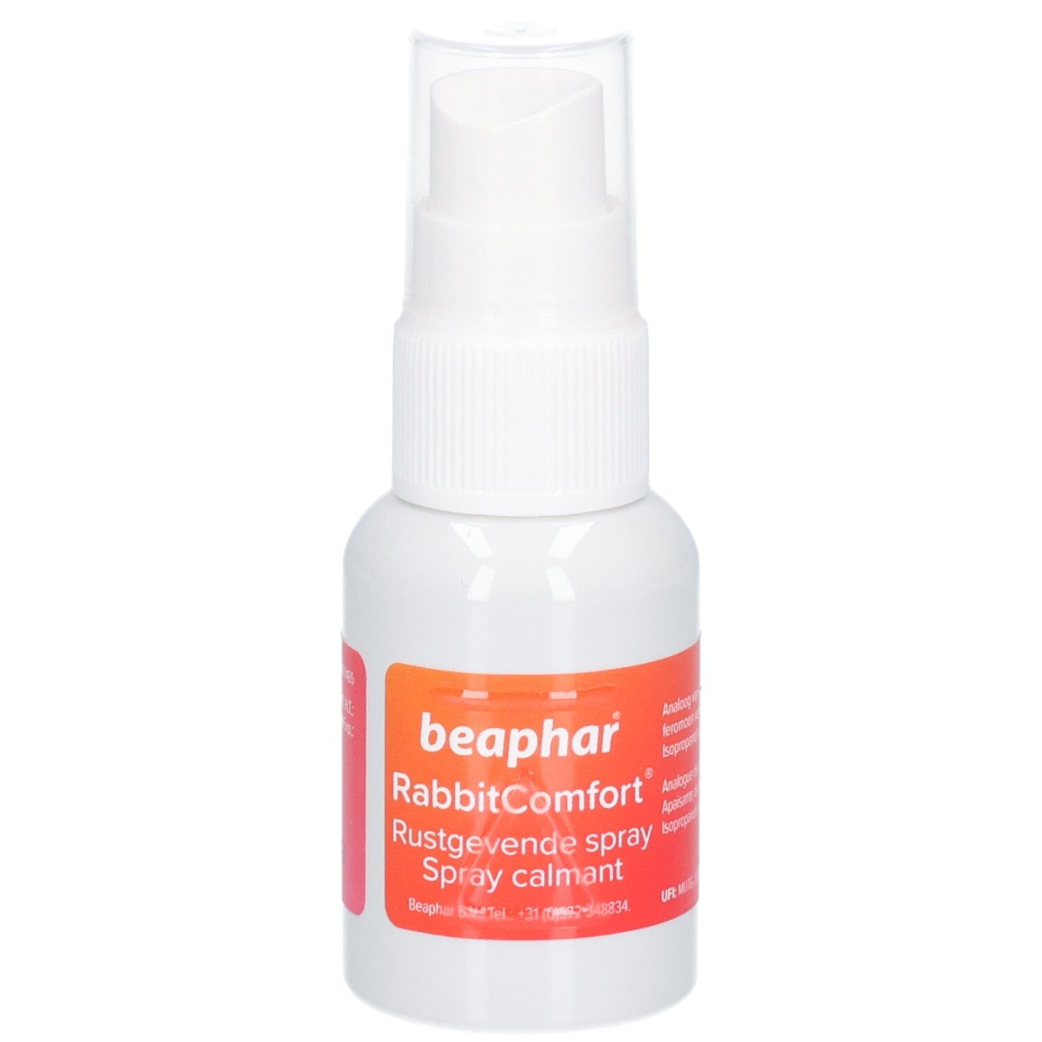 Weiße Sprühflasche mit orangefarbenem Etikett. Aufschrift: beaphar RabbitComfort. Spray calmant.