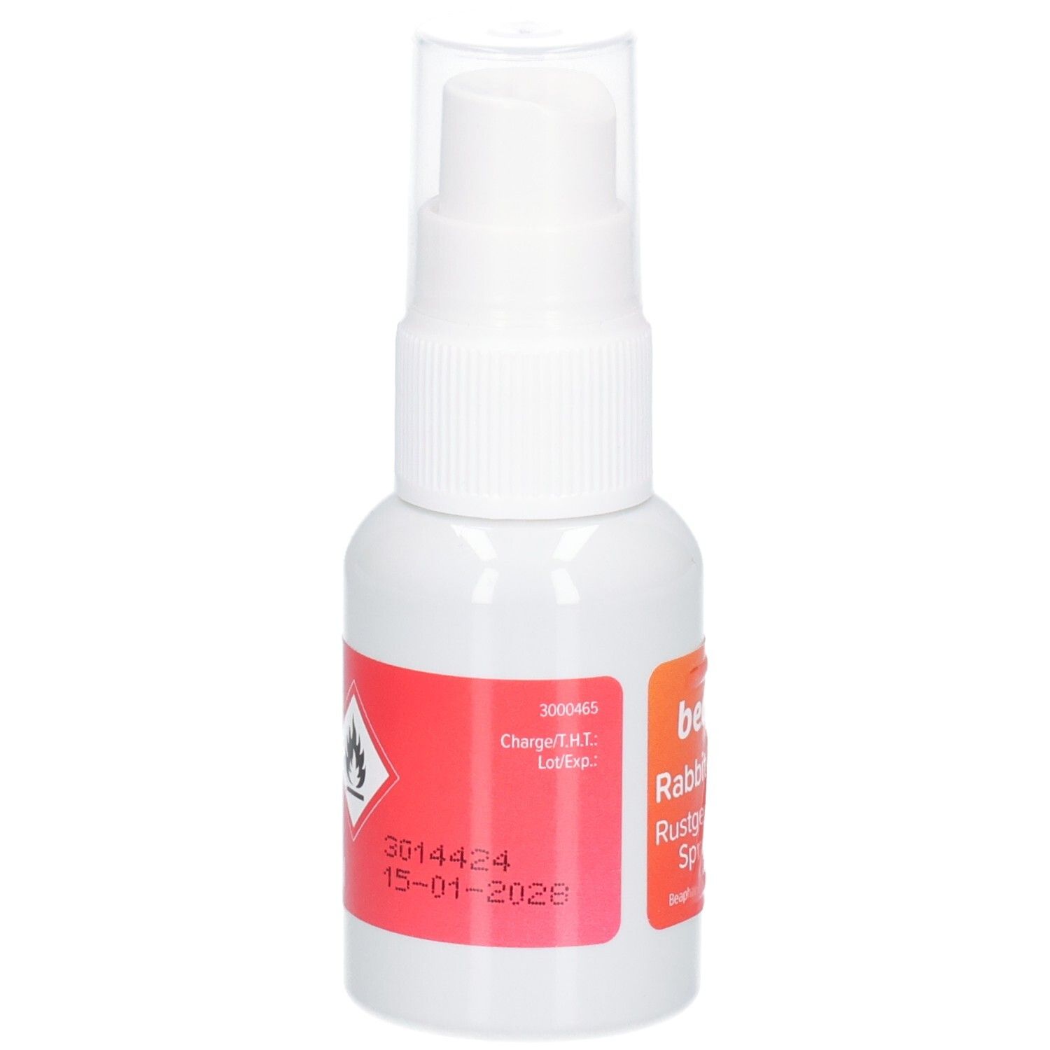 Weiße Sprühflasche mit rotem Etikett. Aufschrift: beaphar RabbitComfort. Warnhinweise und Verfallsdatum.