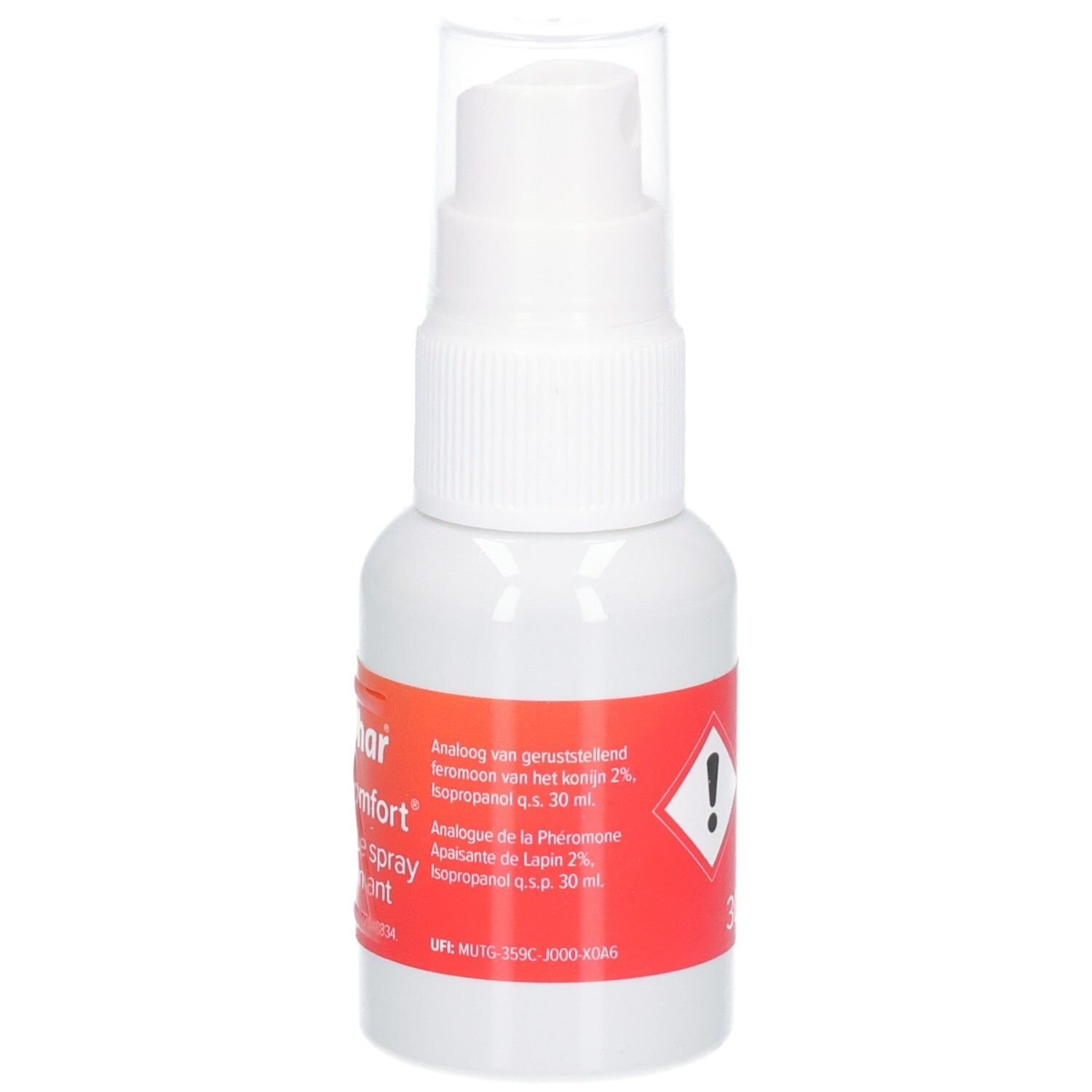 Weiße Sprühflasche mit rotem Etikett. Aufschrift: beaphar RabbitComfort. Zusätzliche Informationen und Warnhinweis.