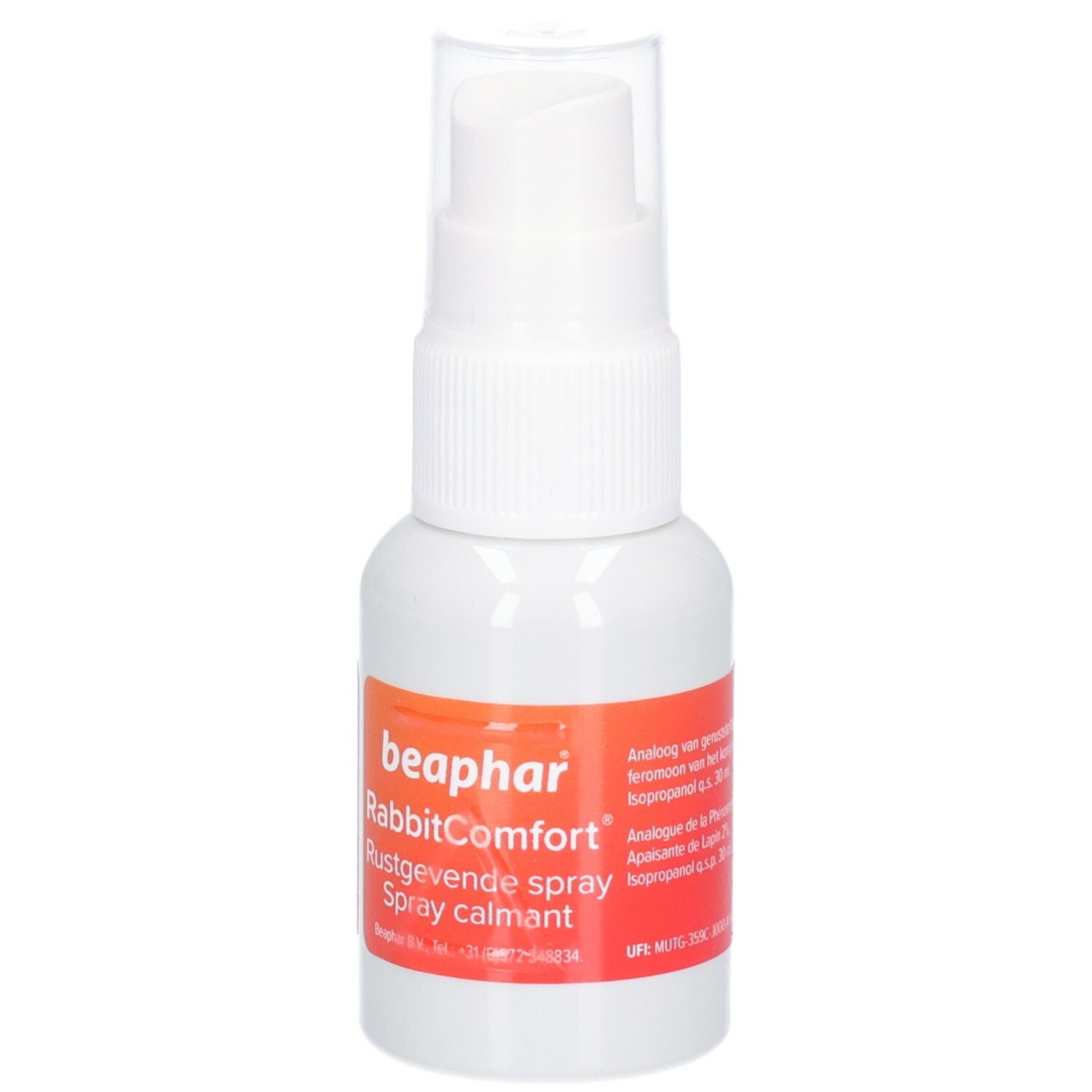 Weiße Sprühflasche mit orangefarbenem Etikett. Aufschrift: beaphar RabbitComfort. Spray calmant.