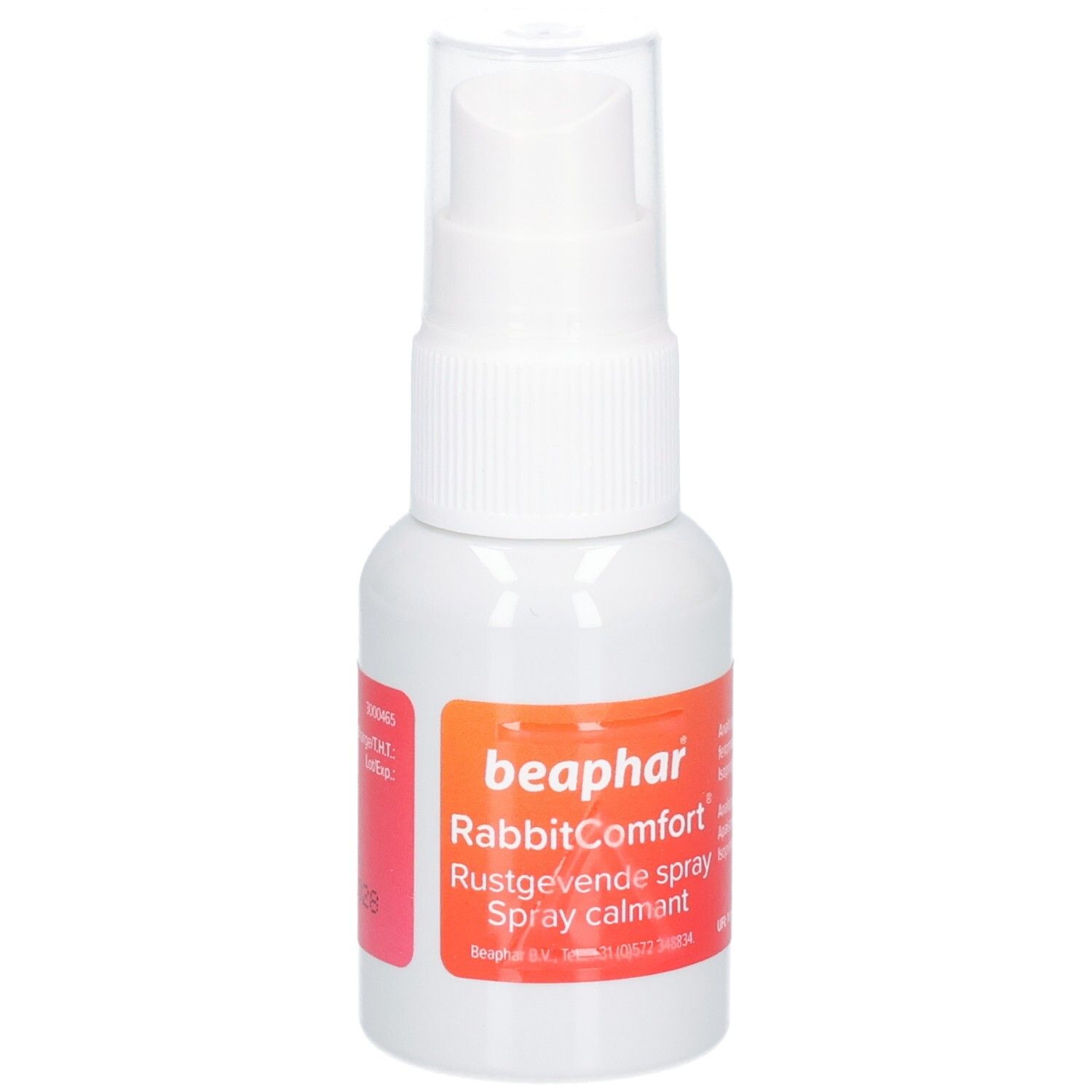 Weiße Sprühflasche mit orangefarbenem Etikett. Aufschrift: beaphar RabbitComfort. Spray calmant.
