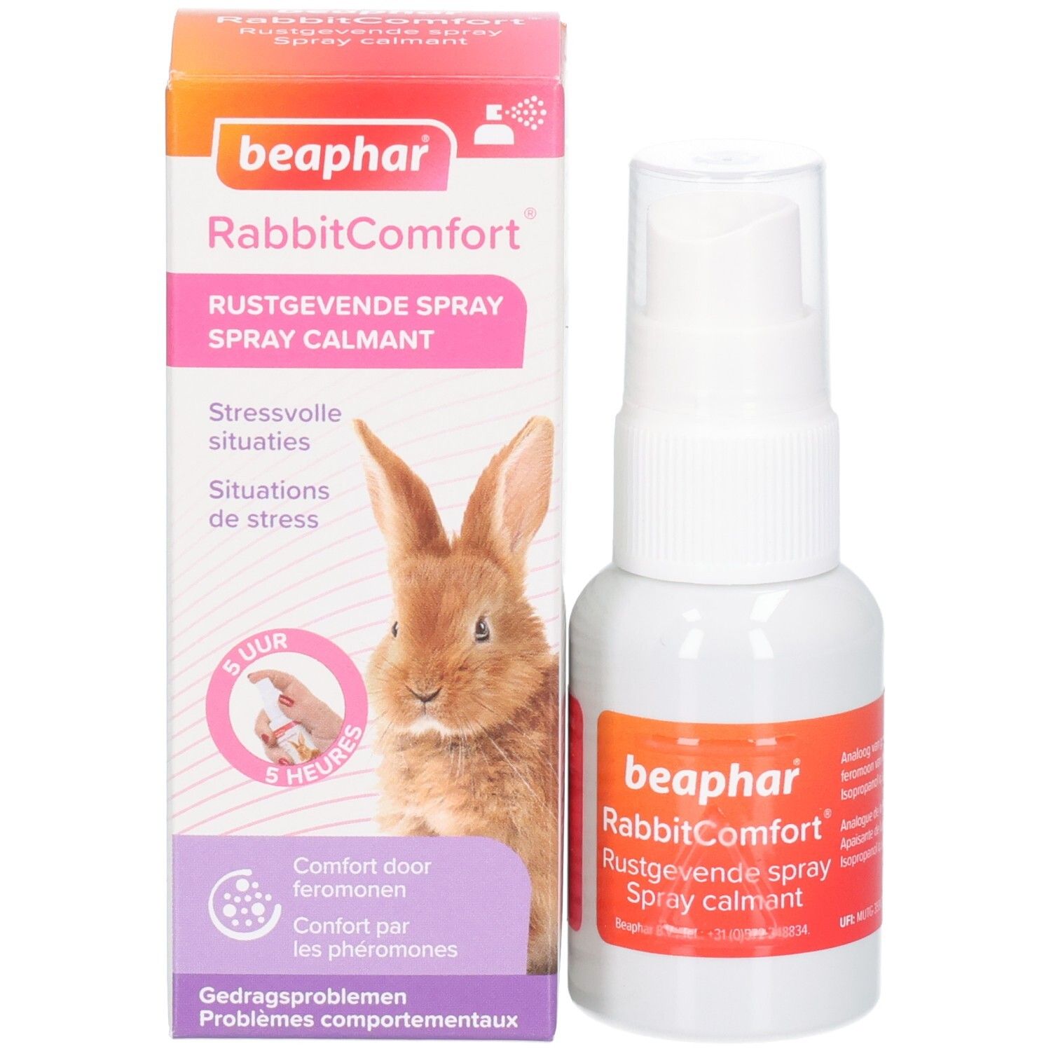 Produkt und Verpackung. Weiße Sprühflasche und Karton. Aufschrift: beaphar RabbitComfort. Kaninchenabbildung.