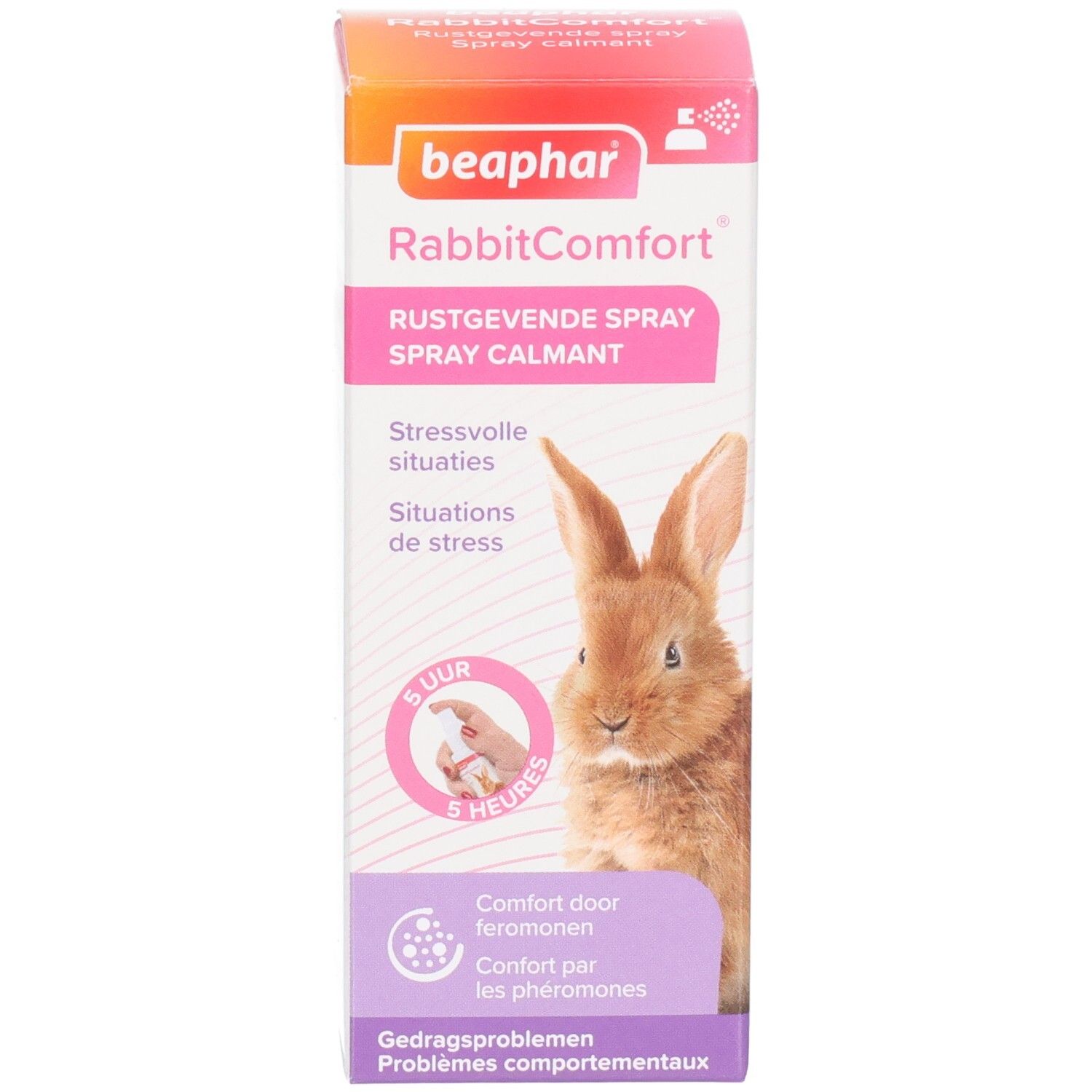 Produktverpackung. Karton mit Aufschrift: beaphar RabbitComfort. Kaninchenabbildung und Produktnamen.