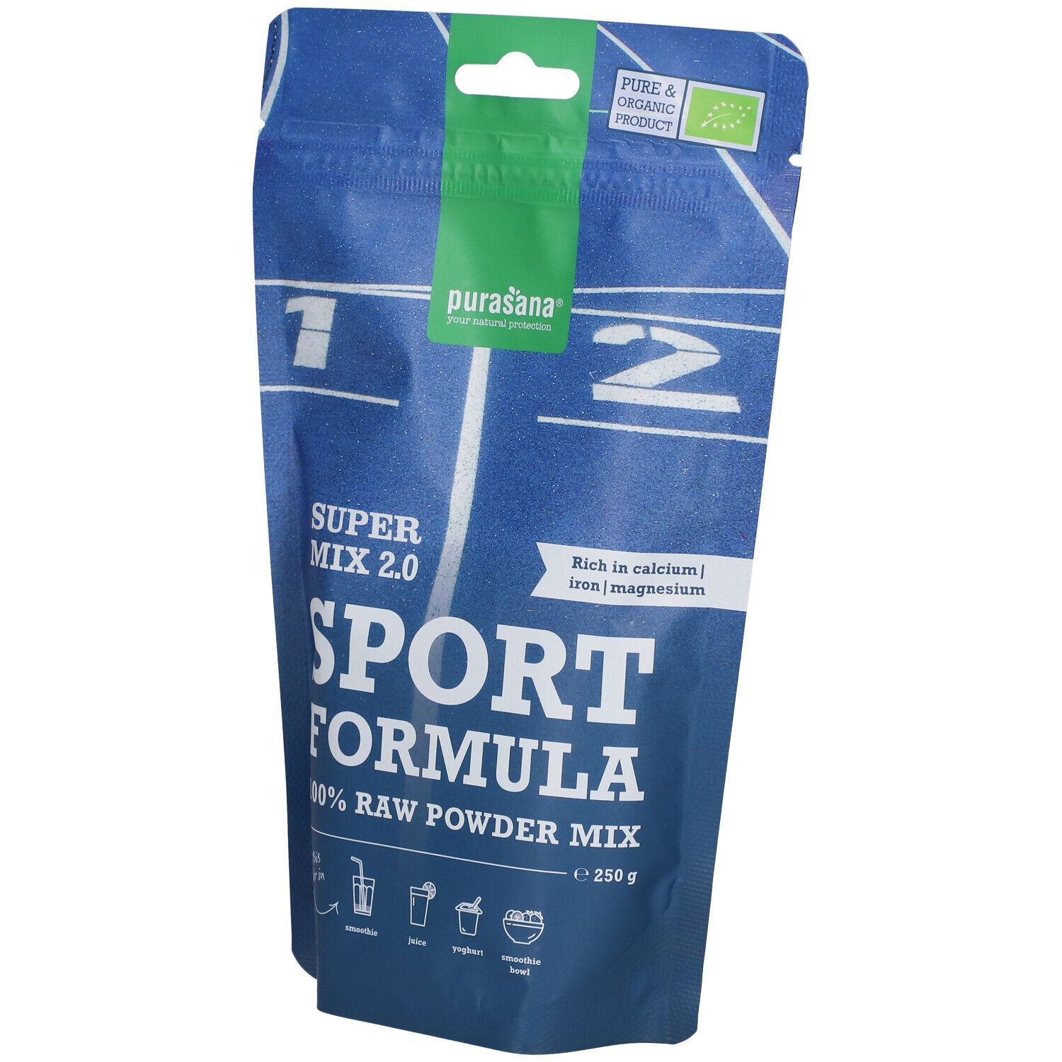 Sachet bleu purasana® Sport Mix 2.0. Inscription: Sport Formula, 100% Raw Powder Mix. Label bio. Contient calcium, fer, magnésium.