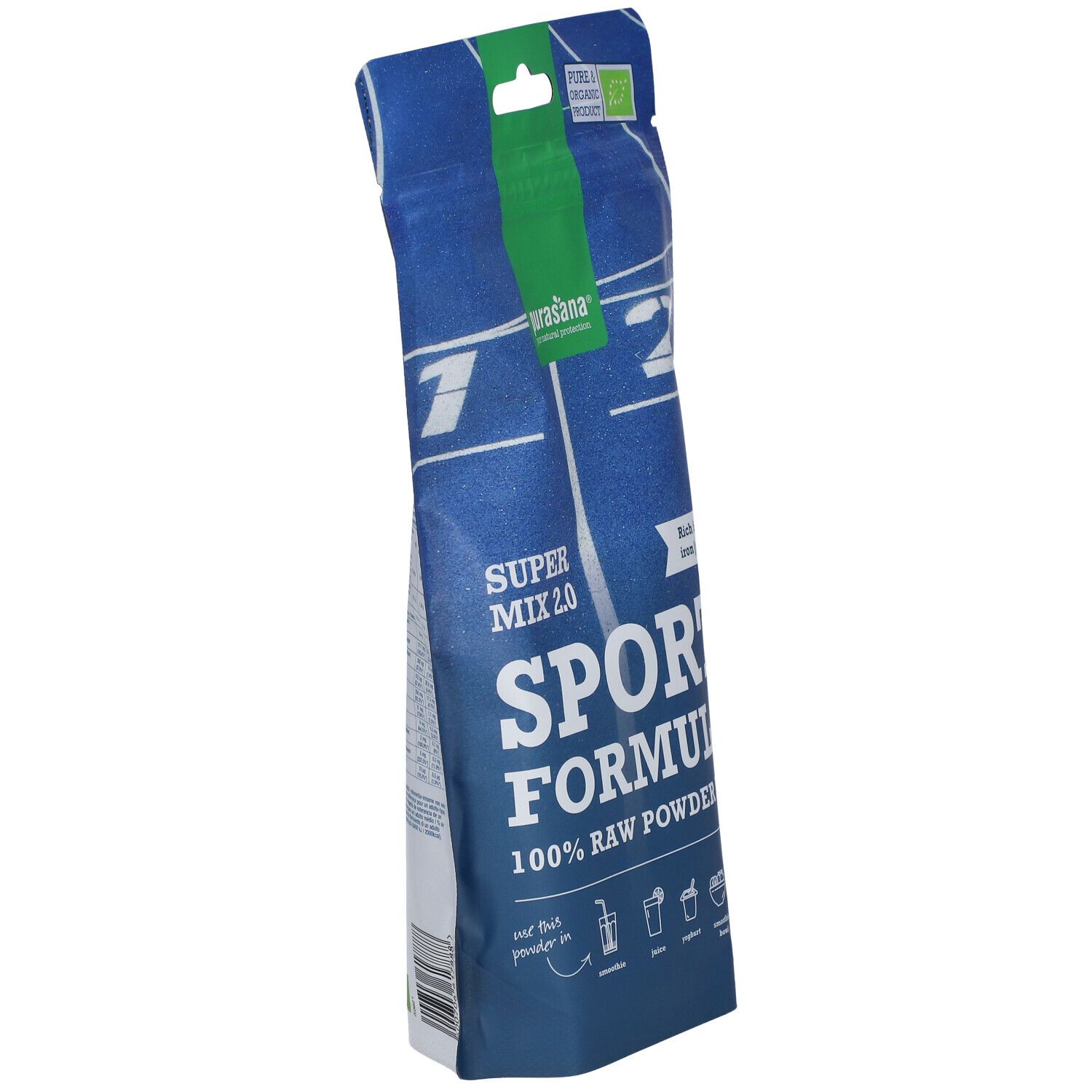 Sachet bleu purasana® Sport Mix 2.0. Inscription: Sport Formula, 100% Raw Powder Mix. Label bio. Contient calcium, fer, magnésium.
