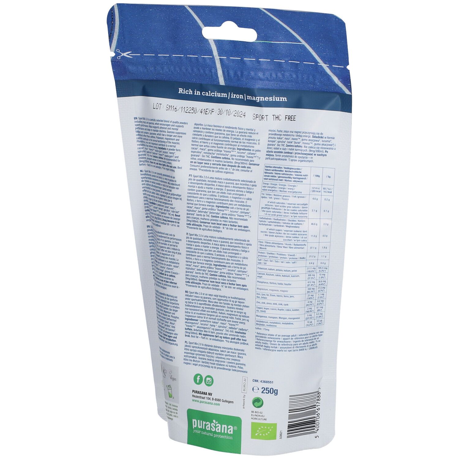 Dos du sachet bleu purasana® Sport Mix 2.0. Texte avec informations nutritionnelles et ingrédients. Avec label bio.