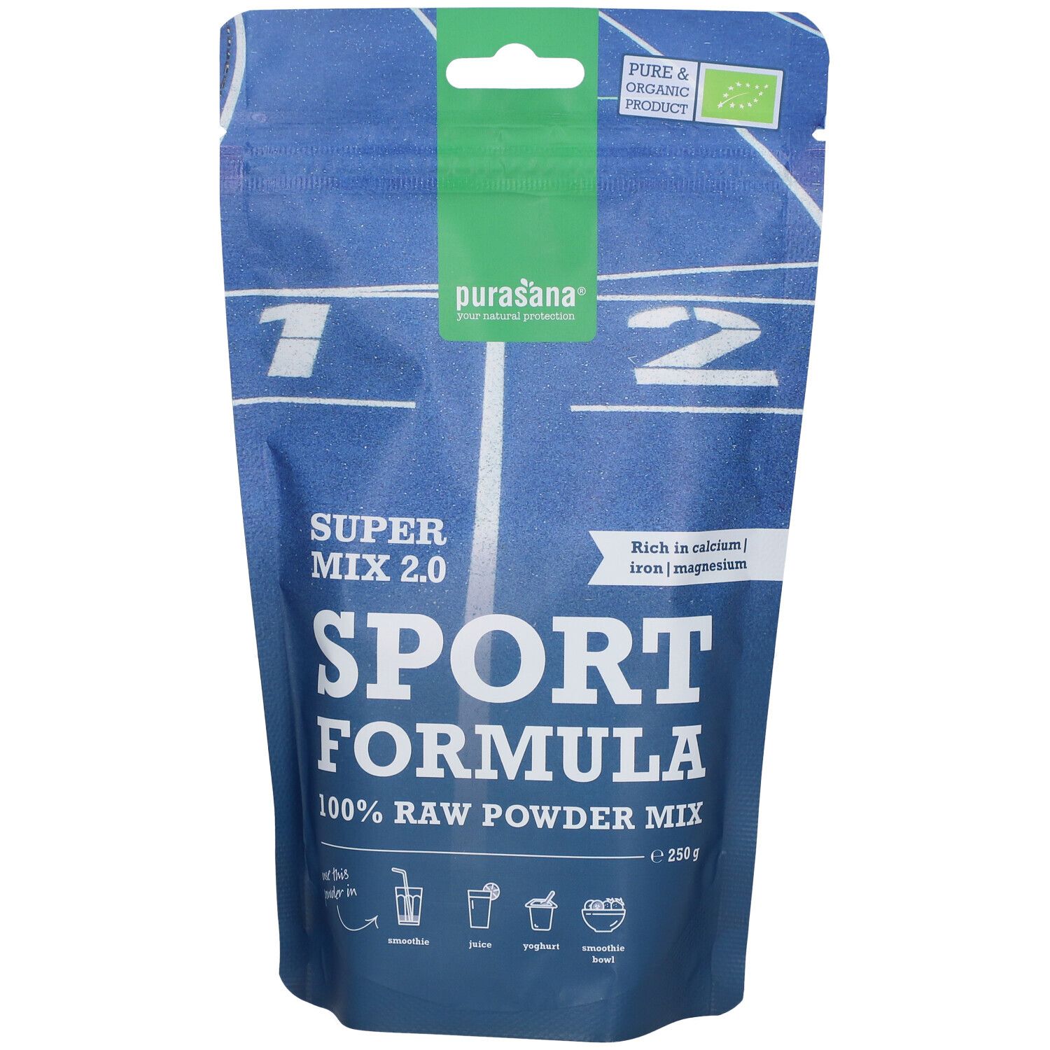 Sachet bleu purasana® Sport Mix 2.0. Inscription: Sport Formula, 100% Raw Powder Mix. Label bio. Contient calcium, fer, magnésium.