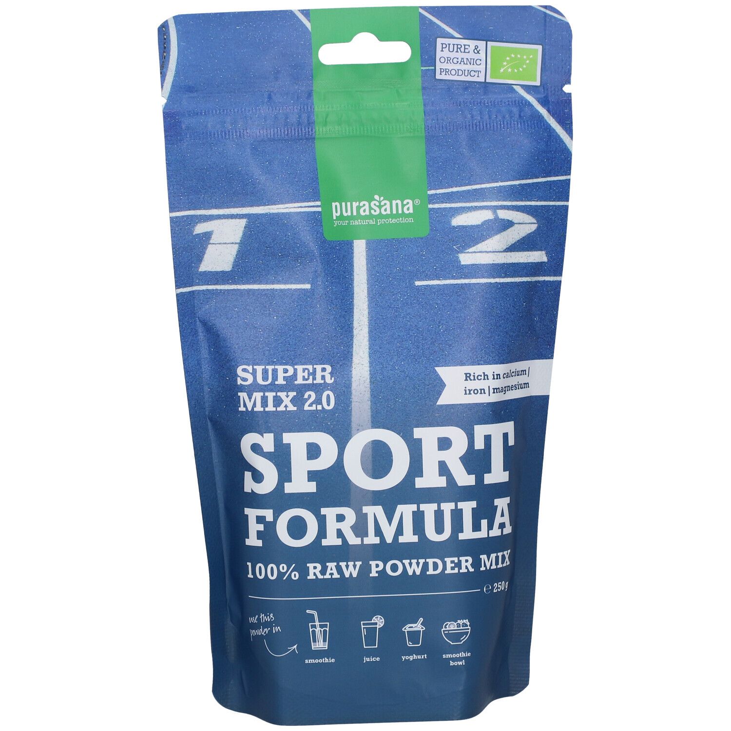 Sachet bleu purasana® Sport Mix 2.0. Inscription: Sport Formula, 100% Raw Powder Mix. Label bio. Contient calcium, fer, magnésium.