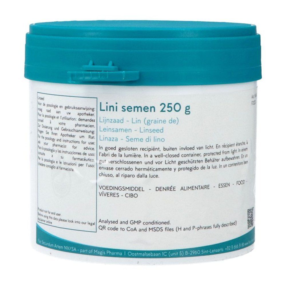 Pot blanc avec couvercle bleu. Inscription : Lini semen 250 g. Texte multilingue. Logo du fabricant.