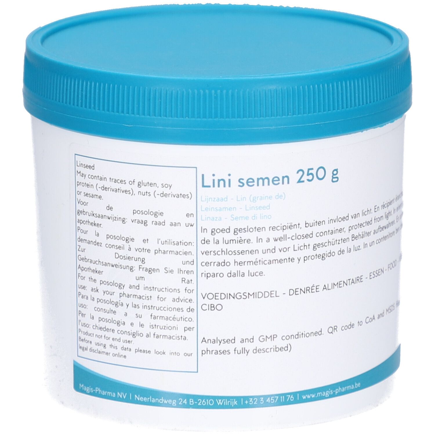 Weißer Behälter mit blauem Deckel. Aufschrift: Lini semen 250 g. Text in mehreren Sprachen. Herstellerlogo.