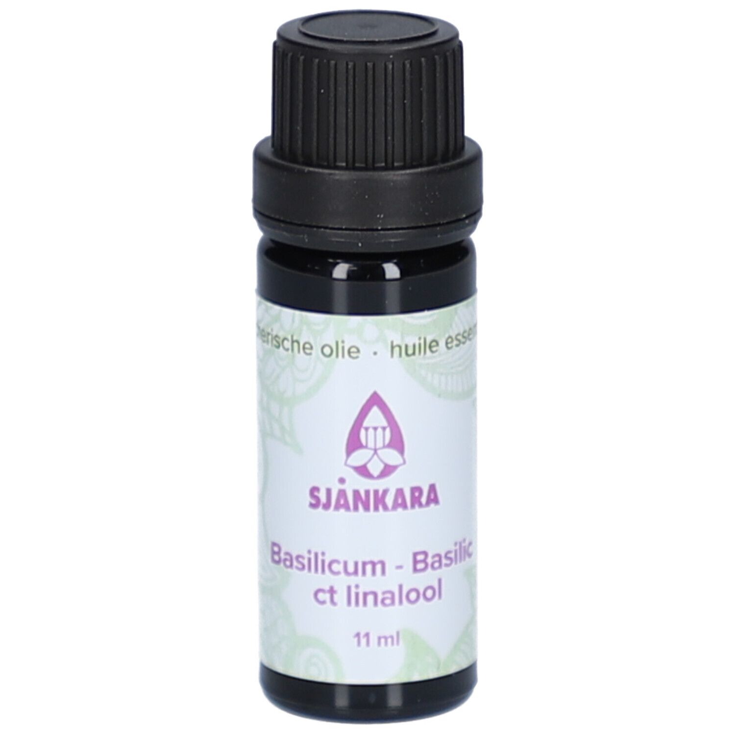 Braune Glasflasche mit schwarzem Deckel. Etikett mit Produktnamen und Logo. 11 ml.