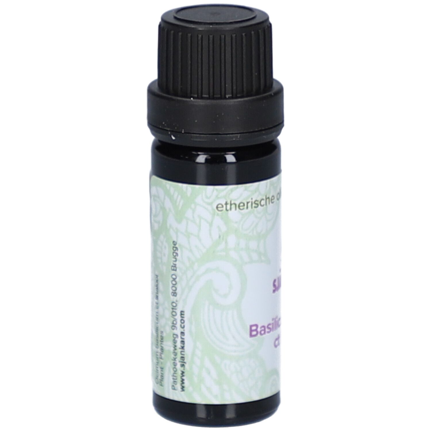 Braune Glasflasche mit schwarzem Deckel. Etikett mit Produktnamen und Logo. 11 ml.