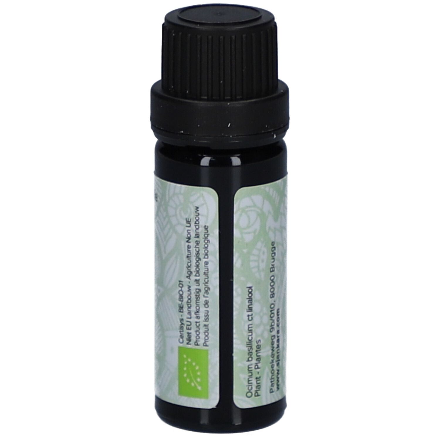 Braune Glasflasche mit schwarzem Deckel. Etikett mit Produktnamen und Logo. 11 ml.