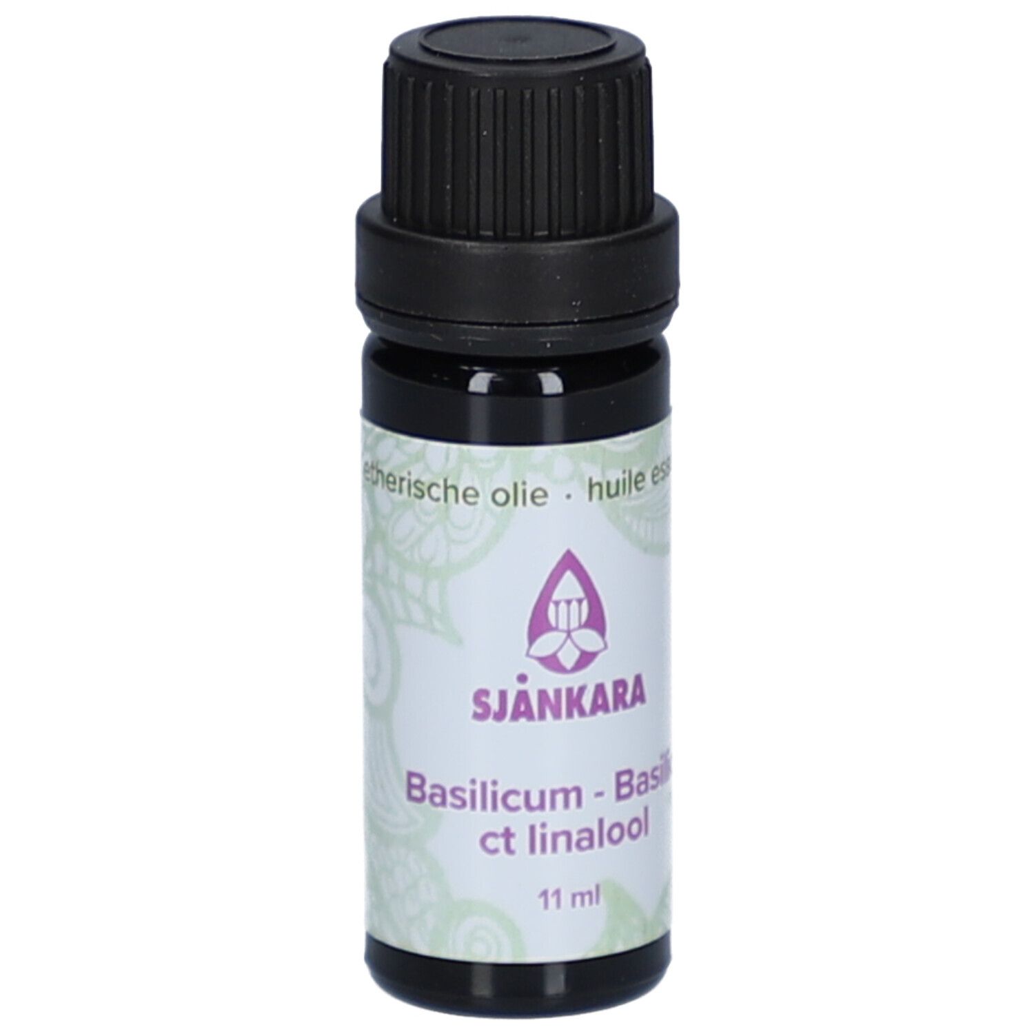 Braune Glasflasche mit schwarzem Deckel. Etikett mit Produktnamen und Logo. 11 ml.