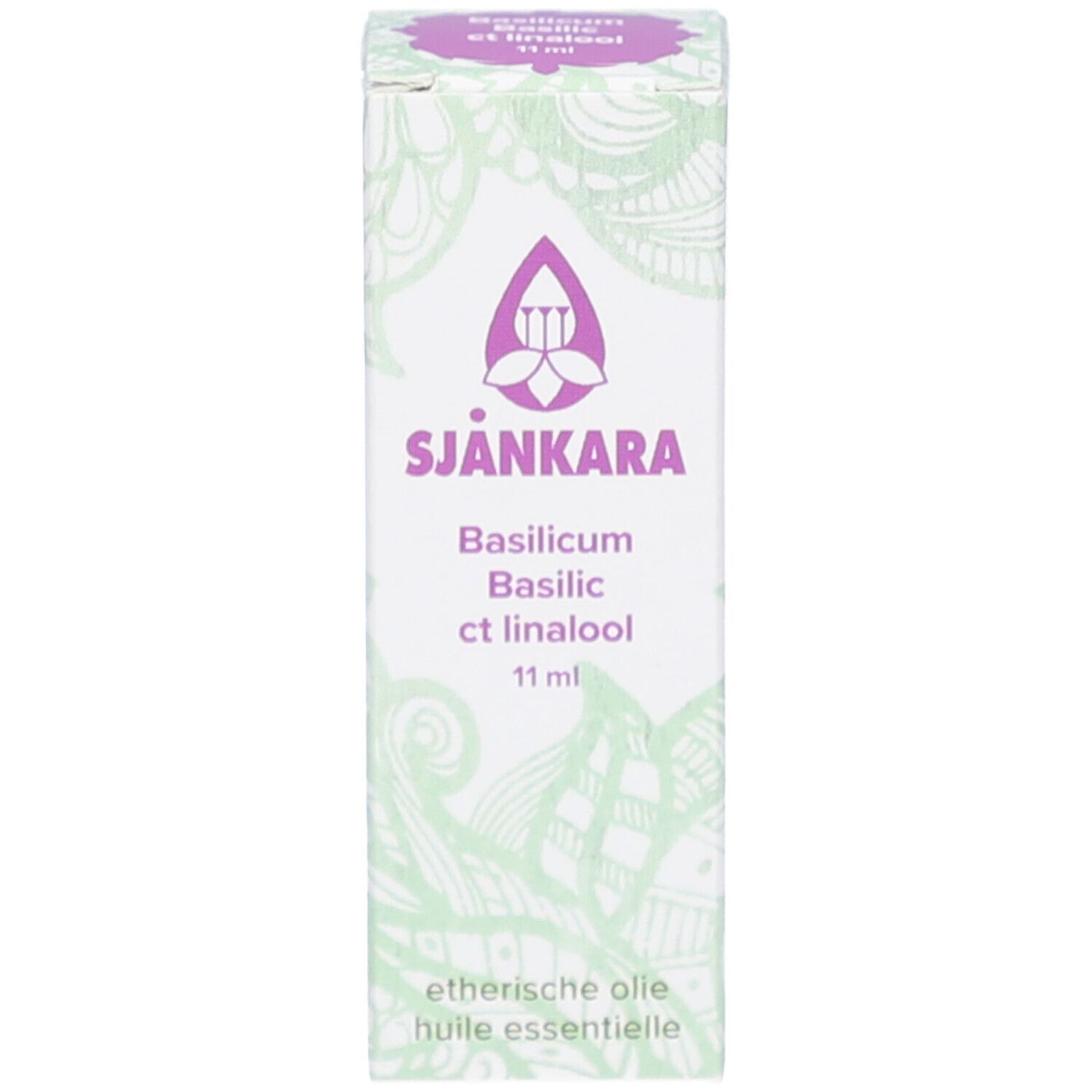 Produktverpackung. Weißer Karton mit Logo, Produktname und Informationen. 11 ml.