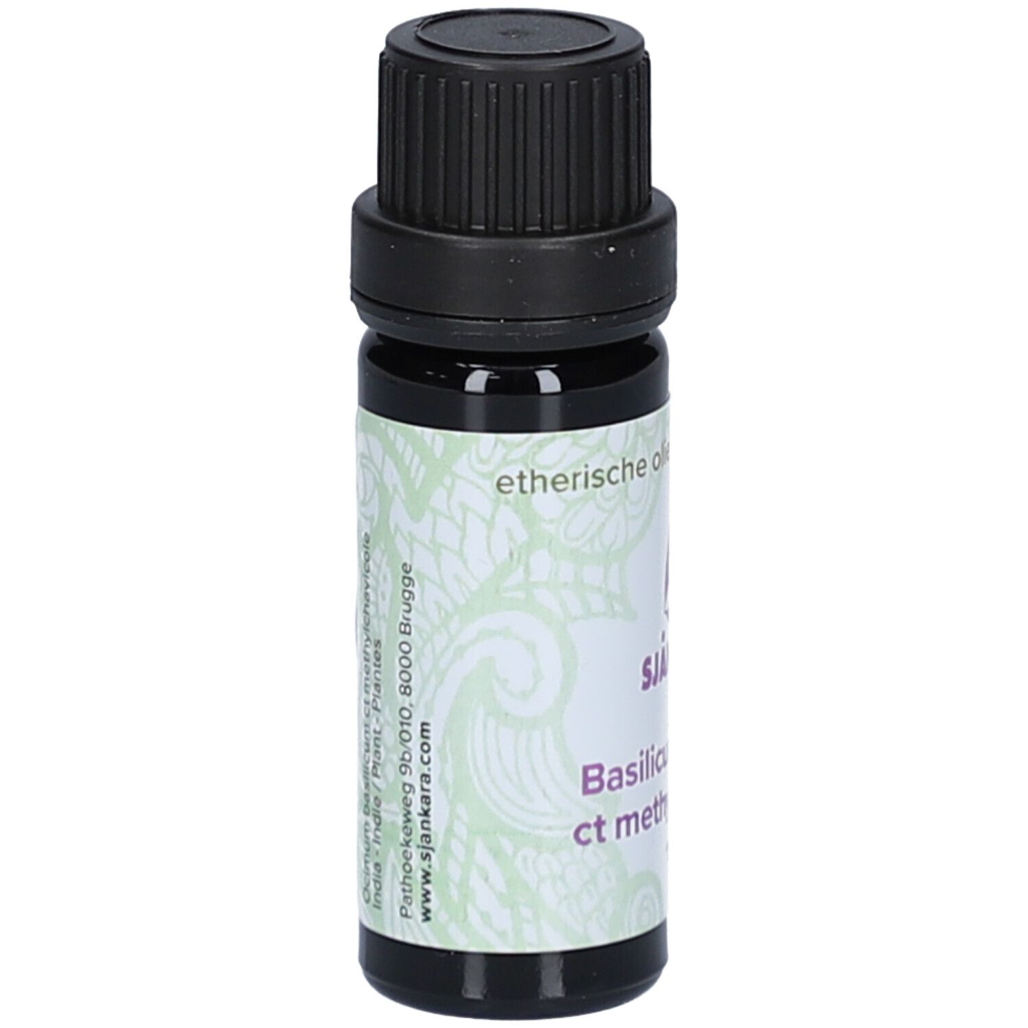 Braune Glasflasche mit schwarzem Deckel. Etikett mit Produktnamen und Logo. 11 ml.