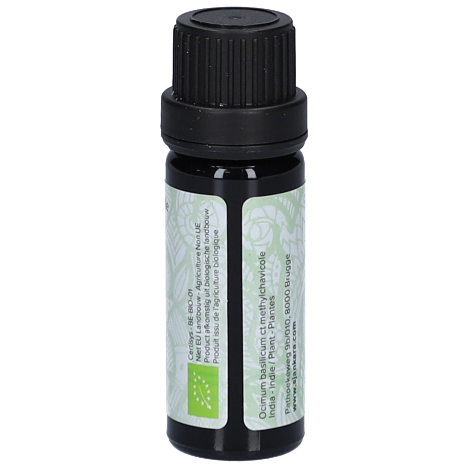 Braune Glasflasche mit schwarzem Deckel. Etikett mit Produktnamen und Logo. 11 ml. Bio-Siegel.