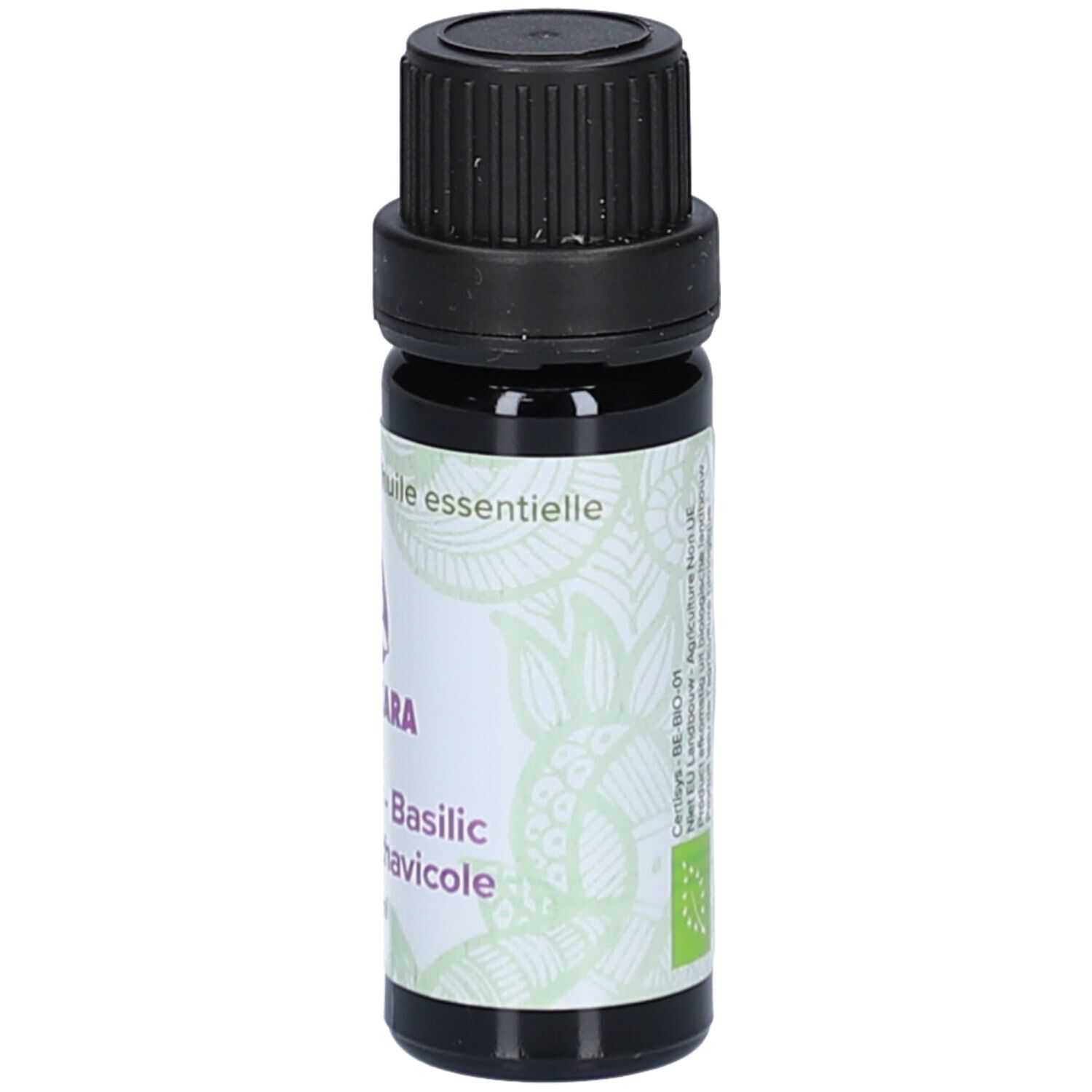 Braune Glasflasche mit schwarzem Deckel. Etikett mit Produktnamen und Logo. 11 ml.