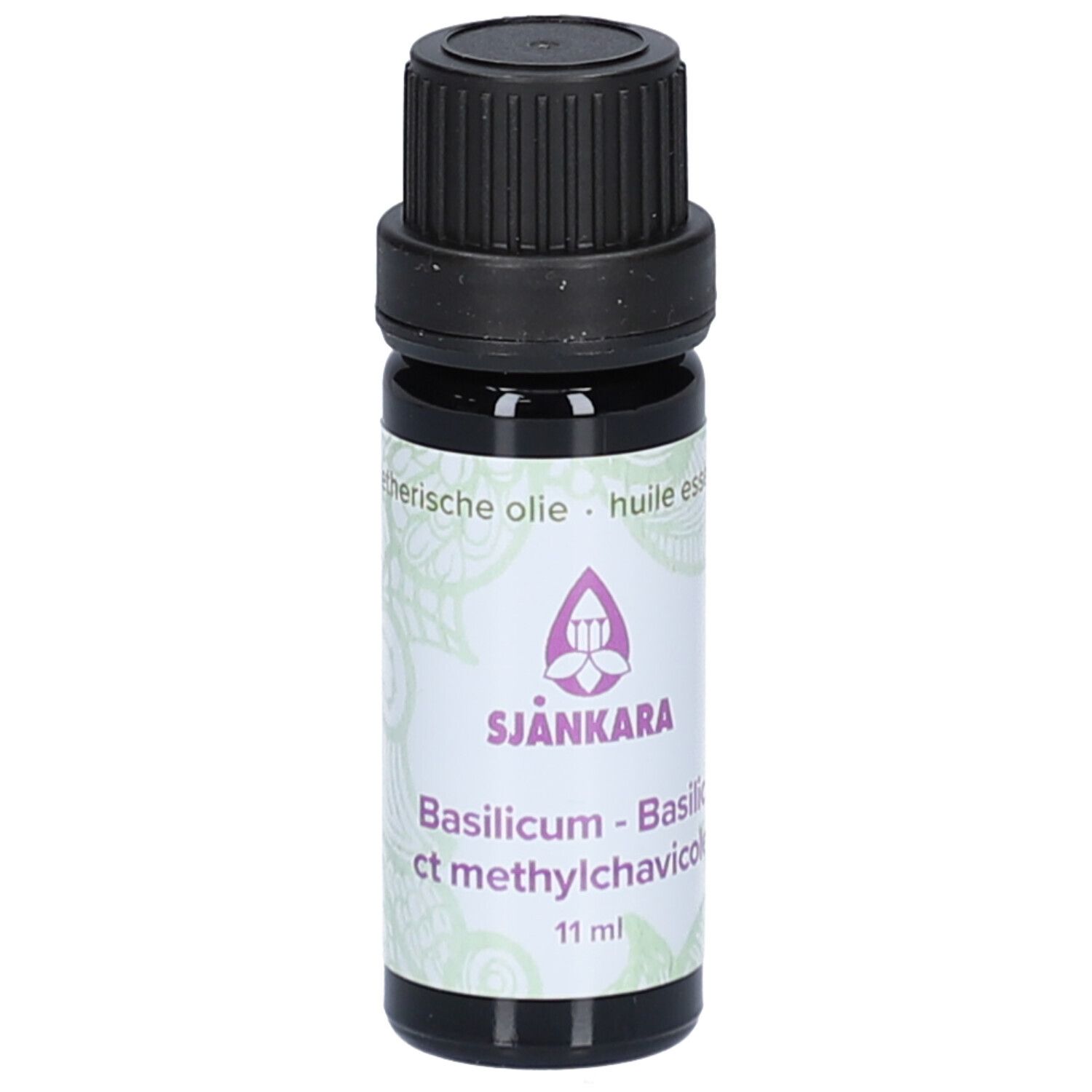 Braune Glasflasche mit schwarzem Deckel. Etikett mit Produktnamen und Logo. 11 ml.