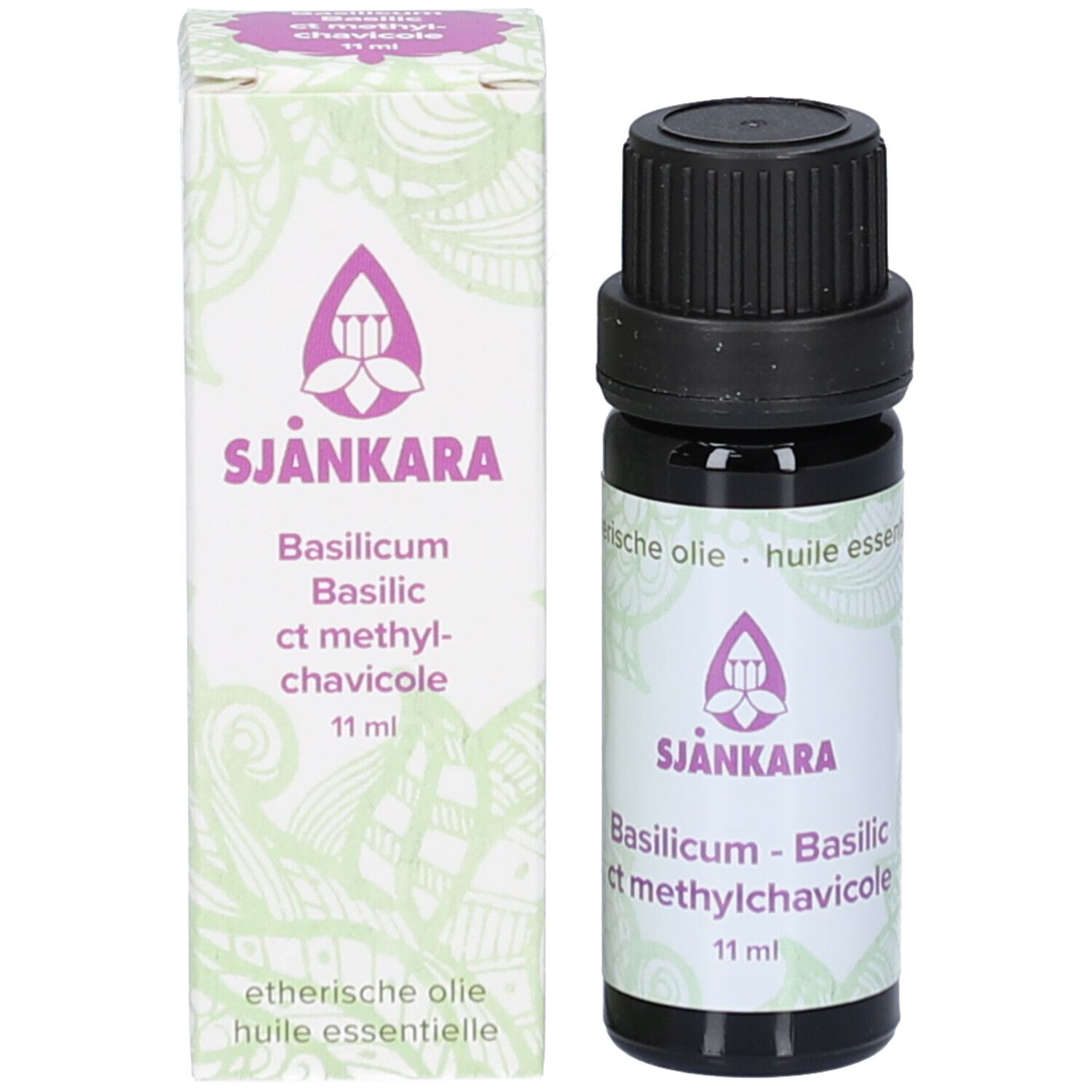 Produktflasche und Verpackung. Flasche braun, Deckel schwarz. Verpackung weiß mit Logo.