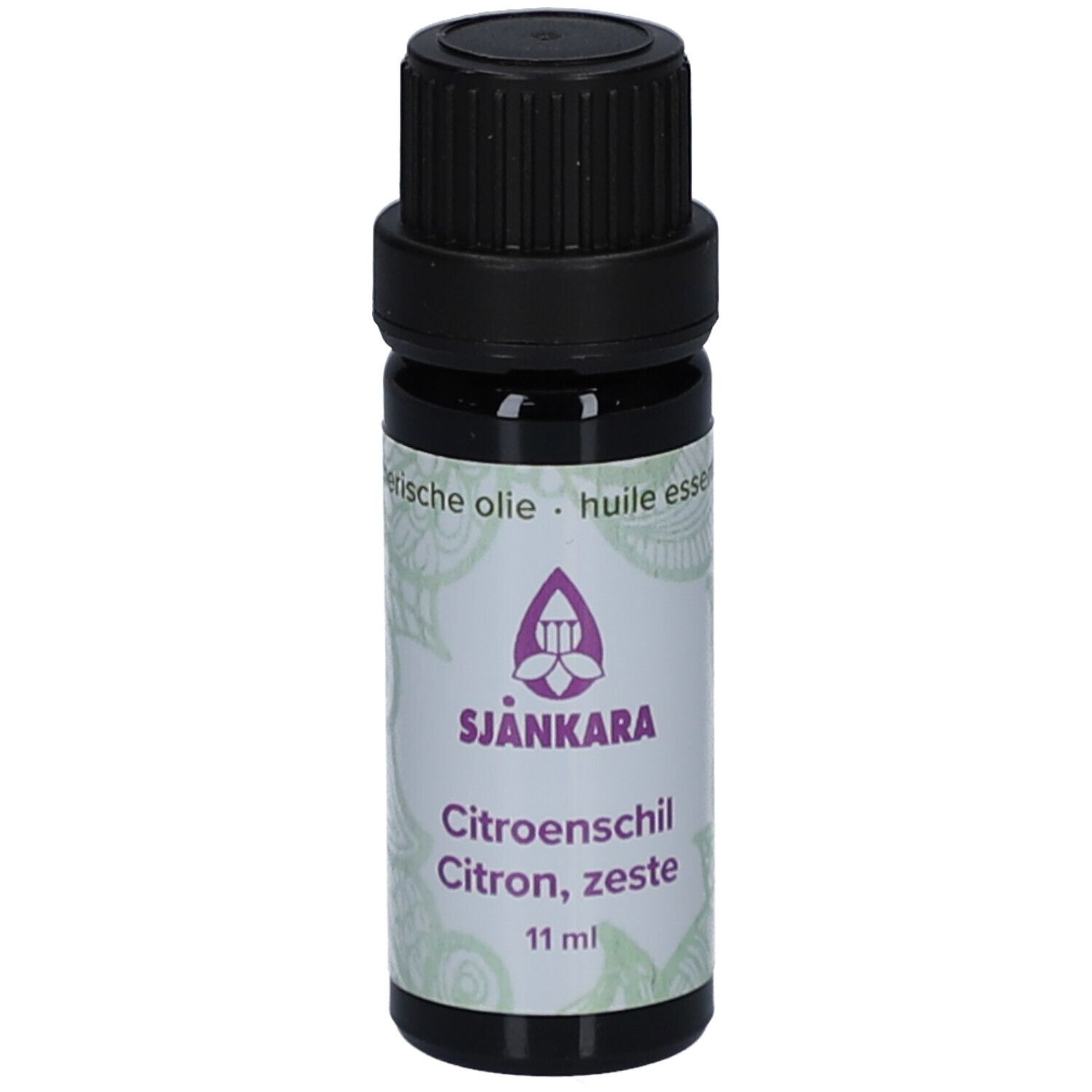 Braune Glasflasche mit schwarzem Deckel. Etikett mit Logo und Text: Citron, zeste, 11 ml.