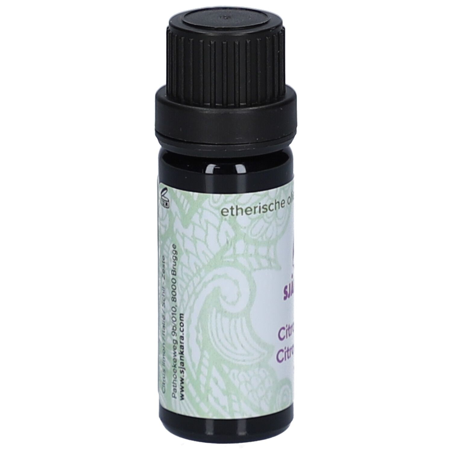 Braune Glasflasche mit schwarzem Deckel. Etikett mit Logo und Text. Aufschrift: etherische olie.