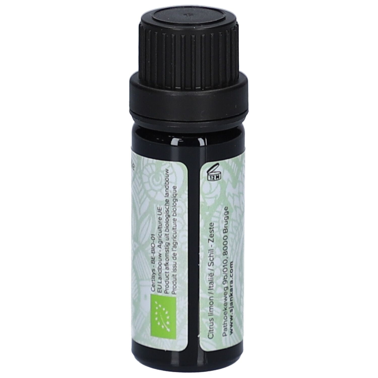 Braune Glasflasche mit schwarzem Deckel. Etikett mit Logo und Text. Bio-Zertifizierung.