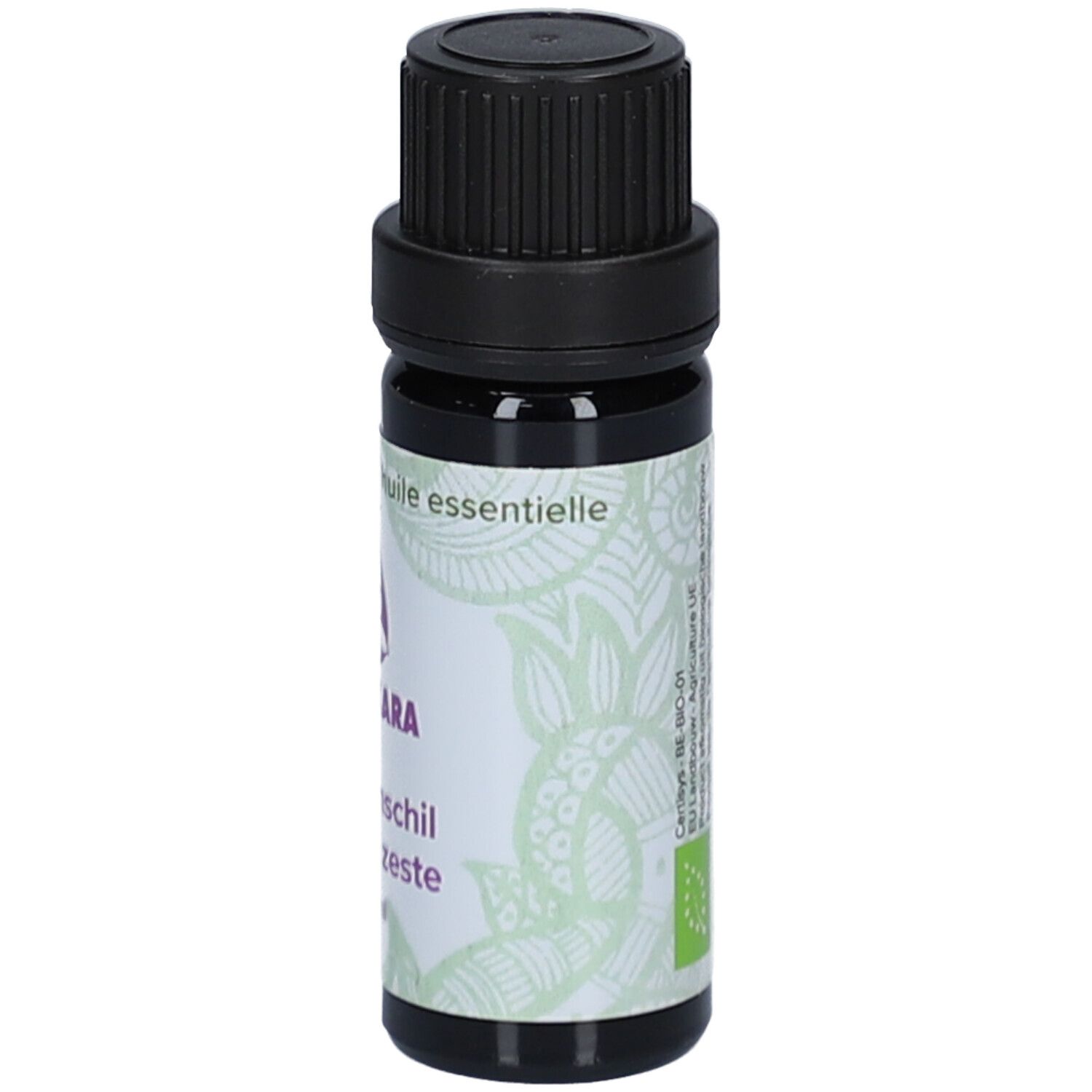 Braune Glasflasche mit schwarzem Deckel. Etikett mit Logo und Text: Huile essentielle.