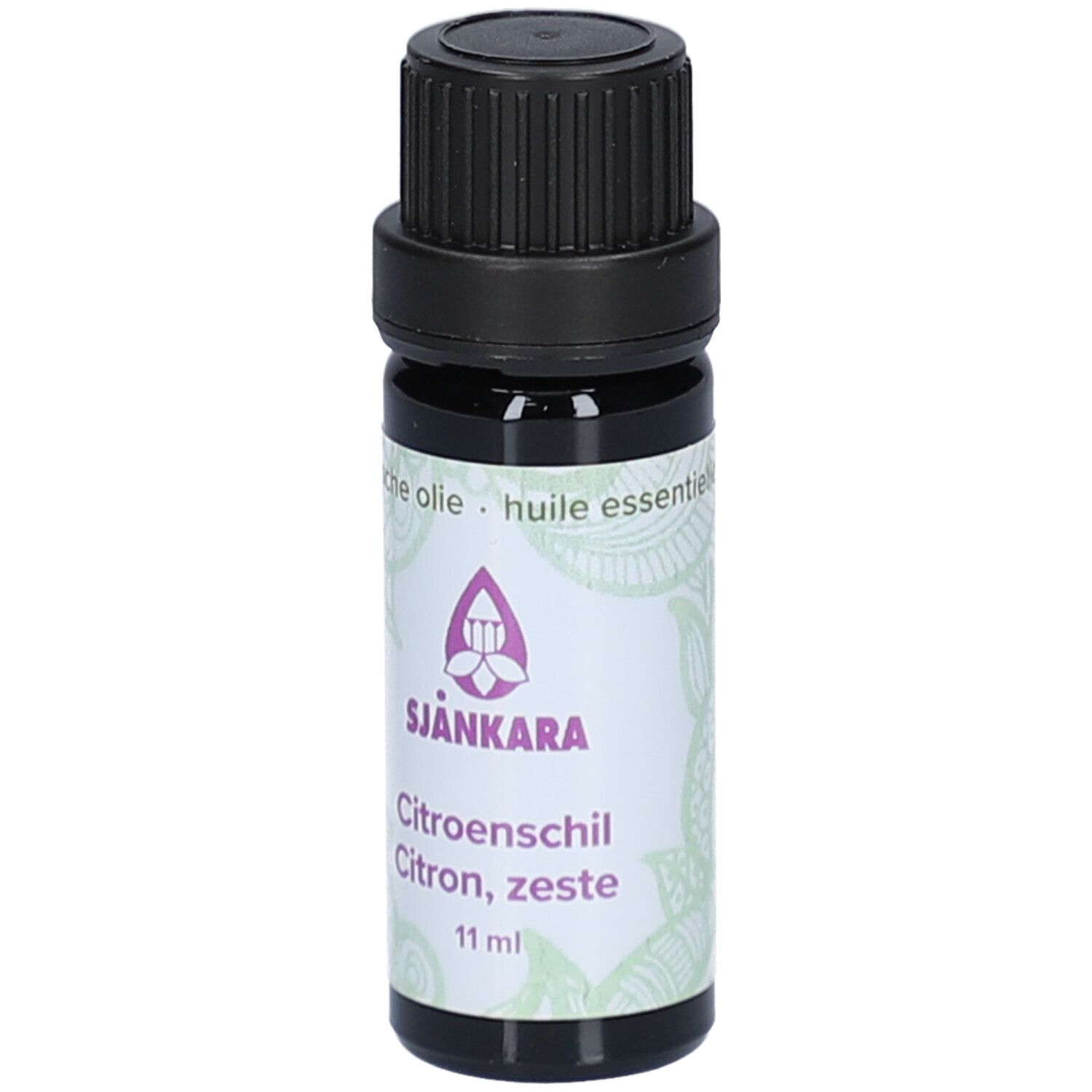 Braune Glasflasche mit schwarzem Deckel. Etikett mit Logo und Text: Citron, zeste, 11 ml.